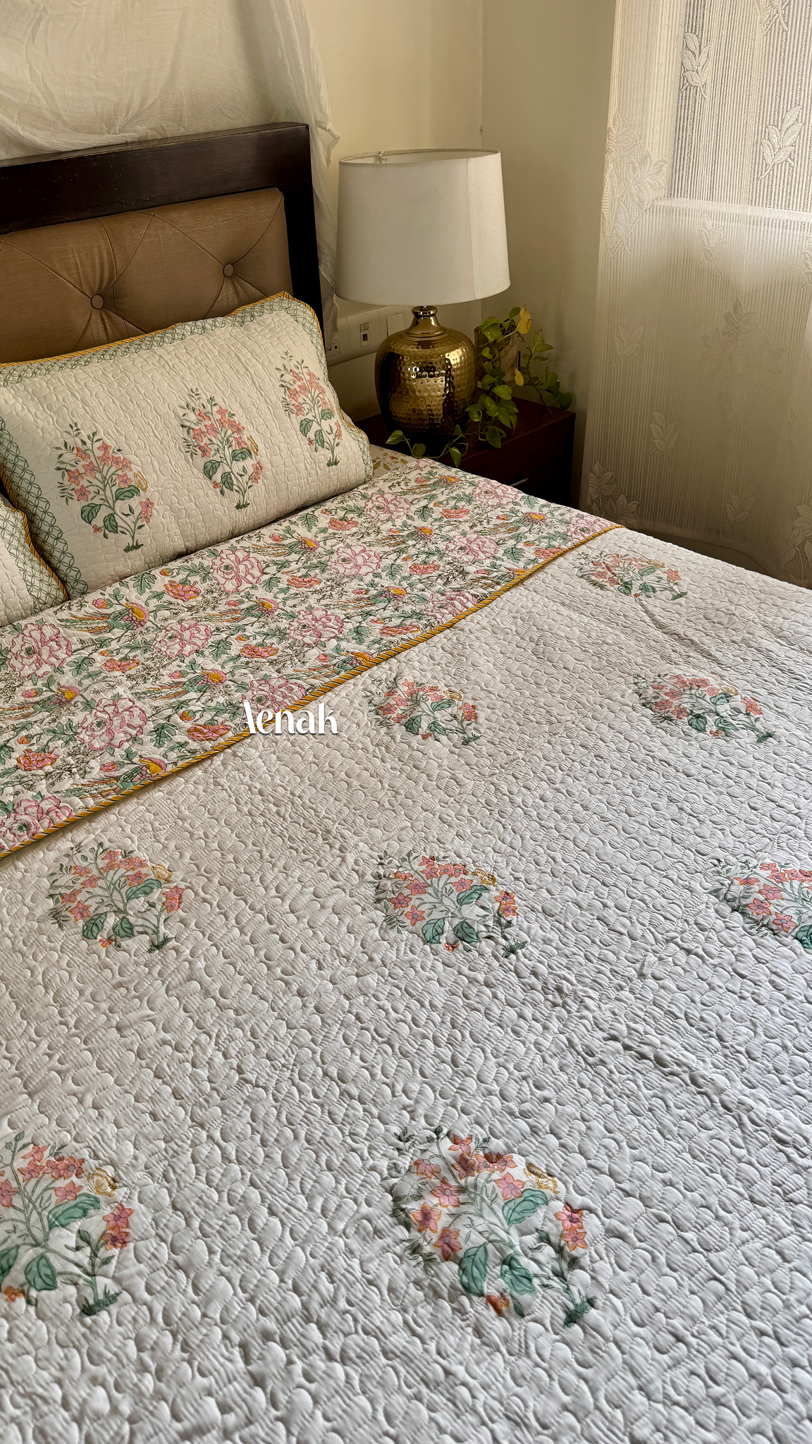 Peach Anokhi Handblock Printed Reversible Quilted Bedcover
