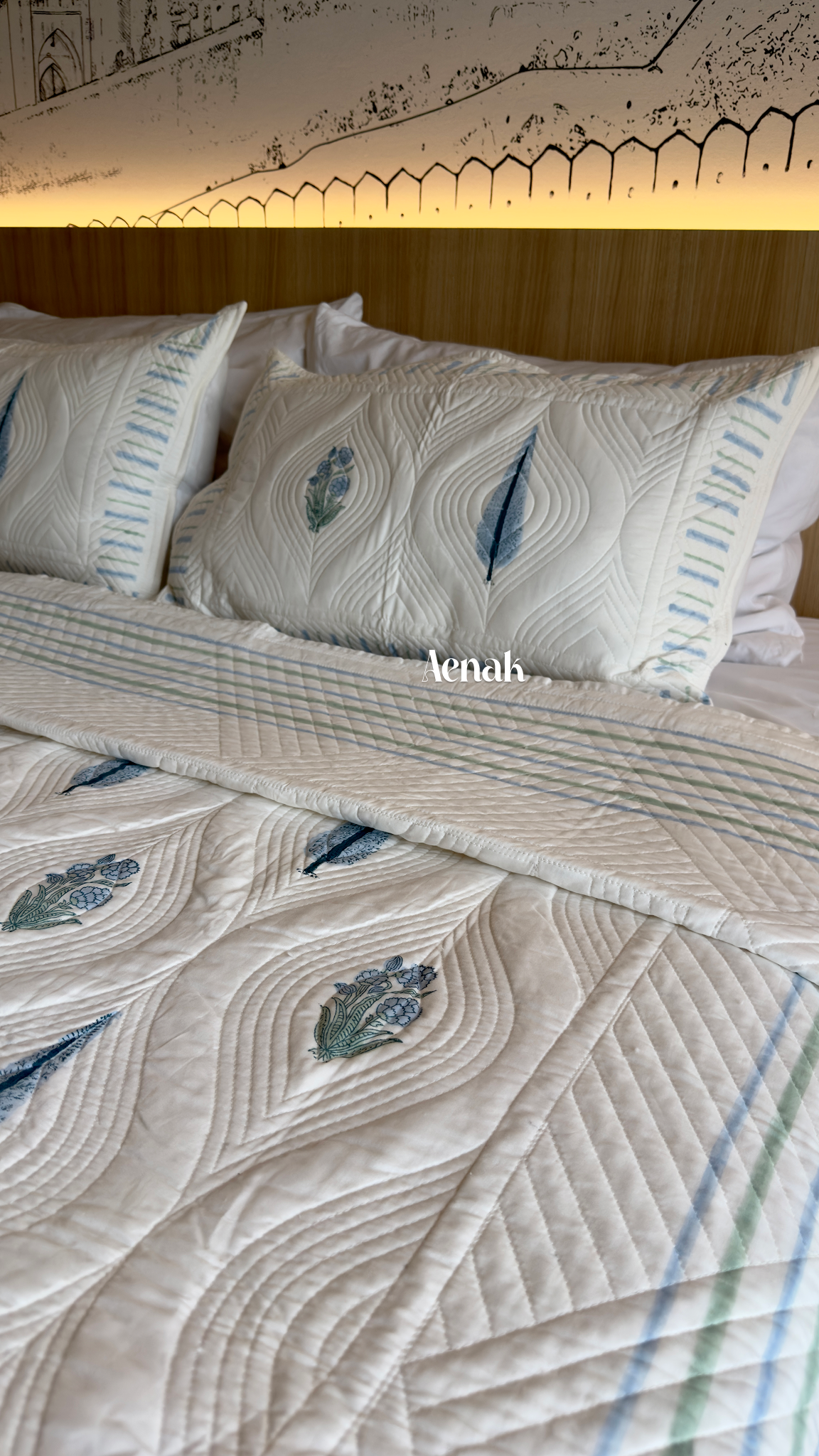 White Embossed Handblock Printed Quilted Bedcover