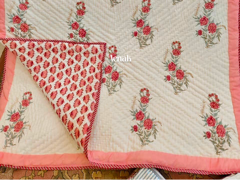 Pink Rose Handblock Reversible Mulmul Cotton Single Quilt