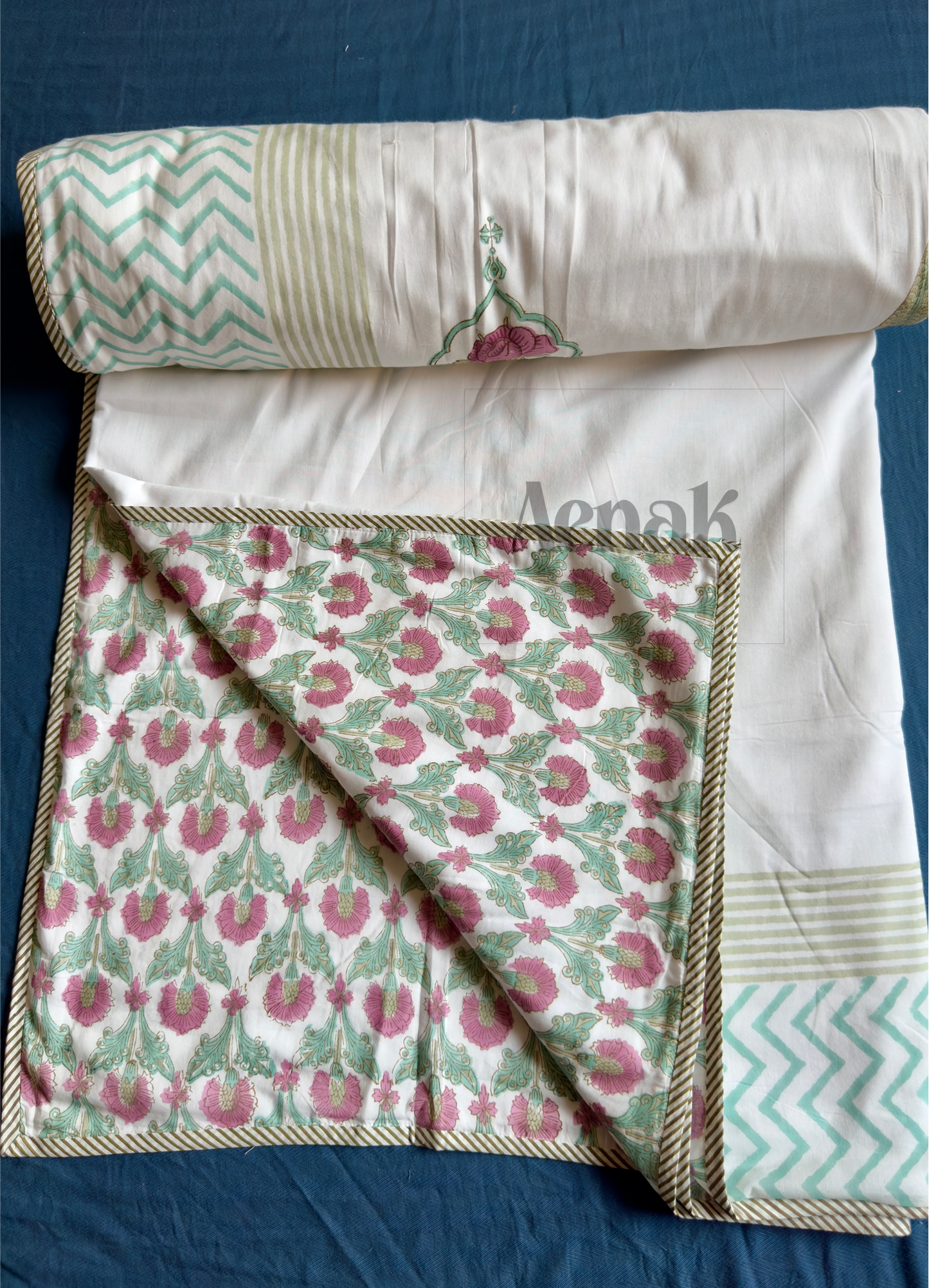 Purple Rose Handblock Printed Mulmul Cotton Reversible Dohar