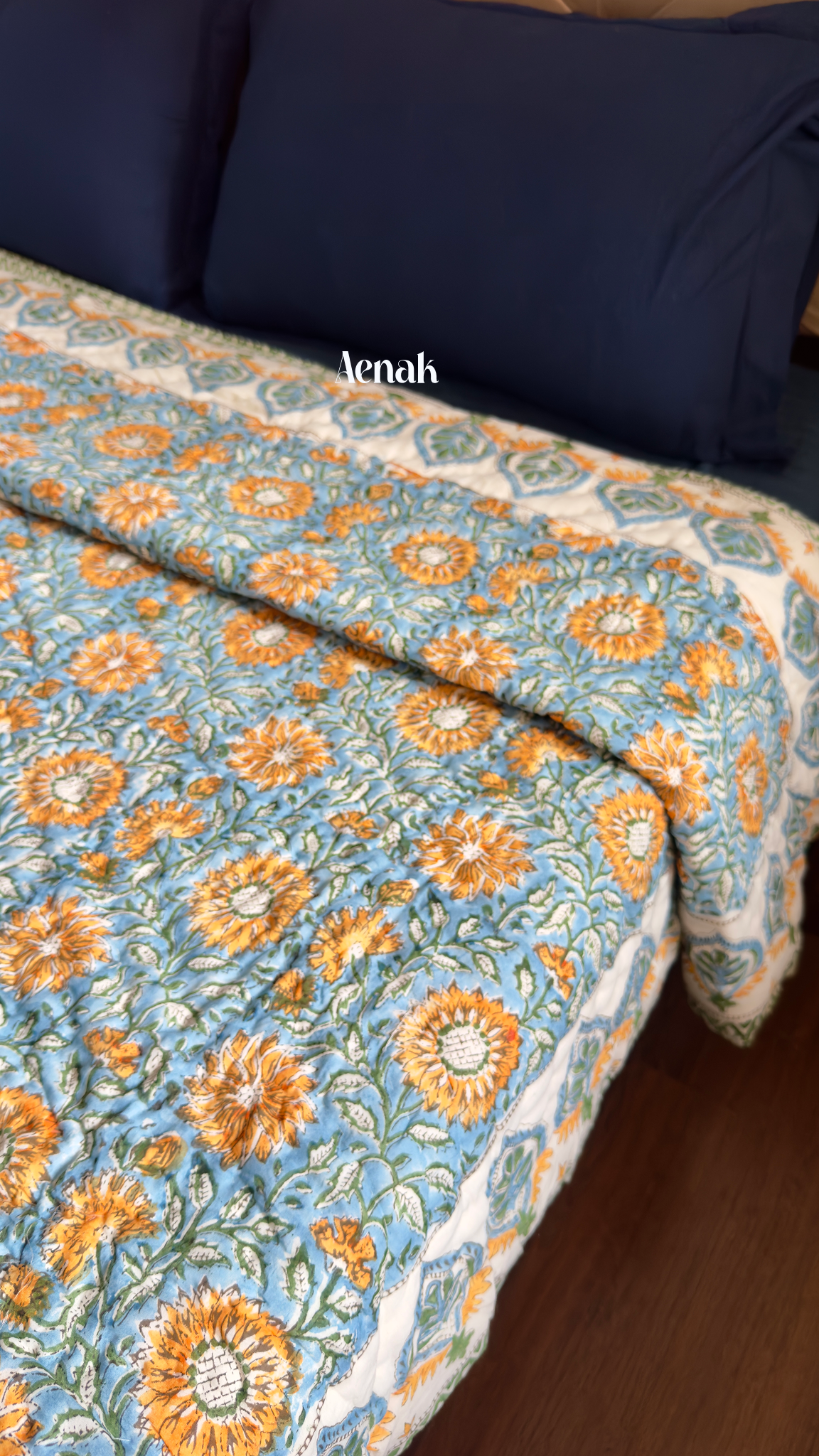 Blue & Yellow Floral Garden Handblock Printed Reversible Mulmul Cotton Quilt