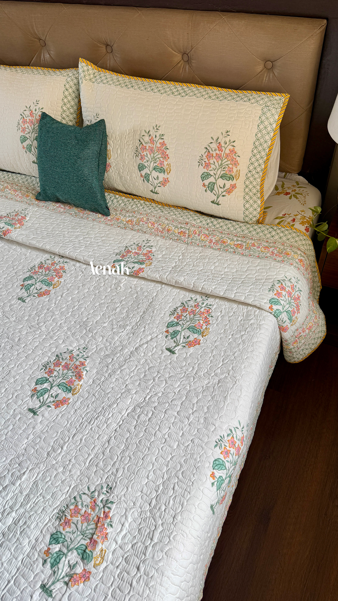 Peach Anokhi Handblock Printed Reversible Quilted Bedcover
