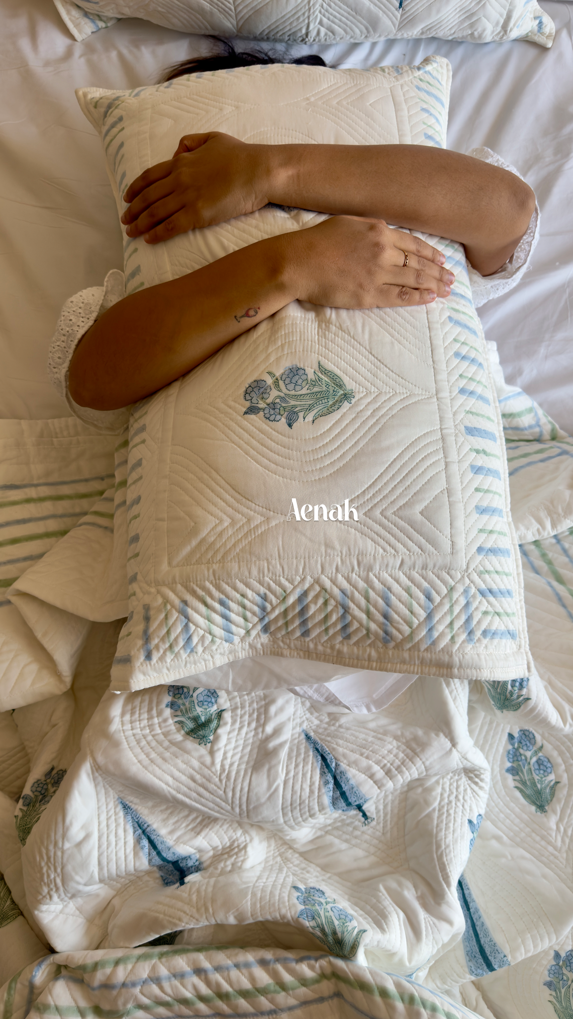 White Embossed Handblock Printed Quilted Bedcover