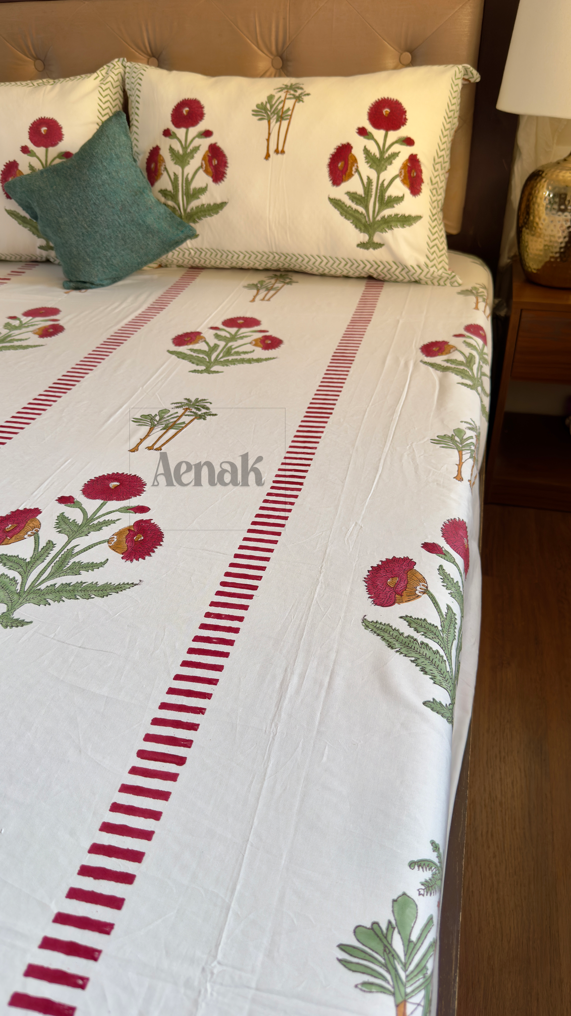 Red Dahlia Floral Handblock Printed Premium Cotton Bedsheet