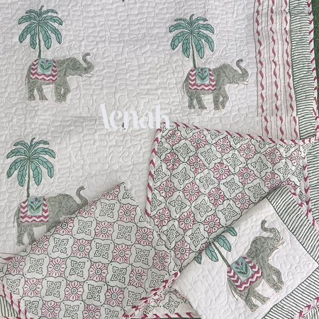 Grey Elephant Handblock Bedsheet + Quilted Bedcover Combo Set