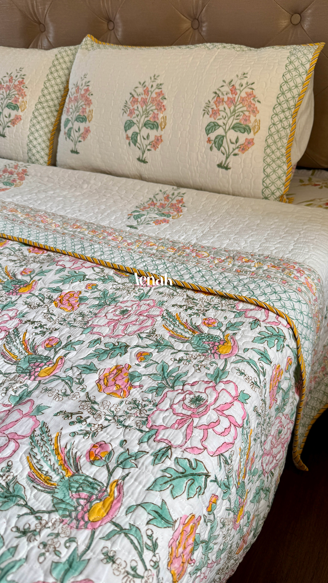 Peach Anokhi Handblock Printed Reversible Quilted Bedcover