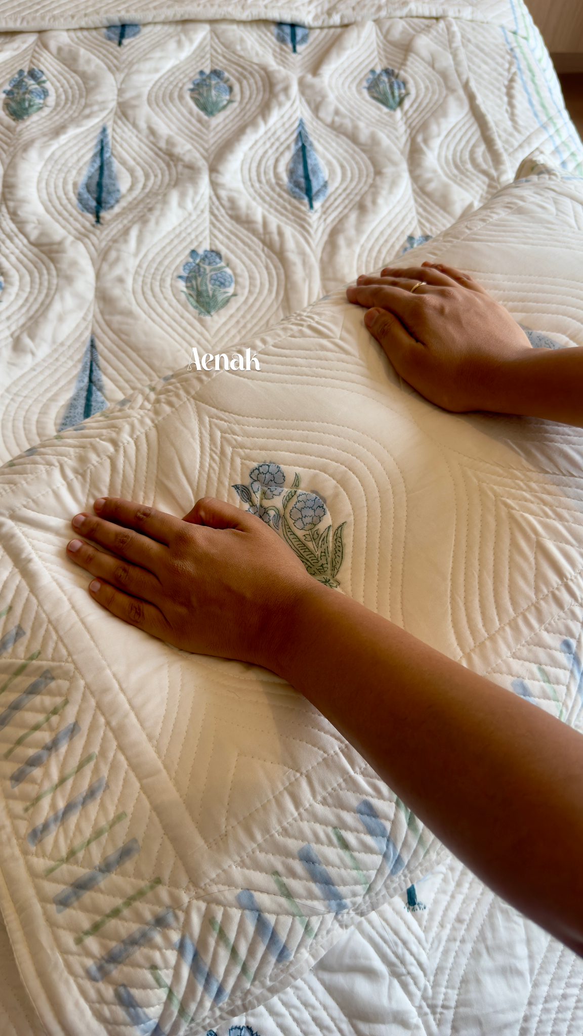 White Embossed Handblock Printed Quilted Bedcover