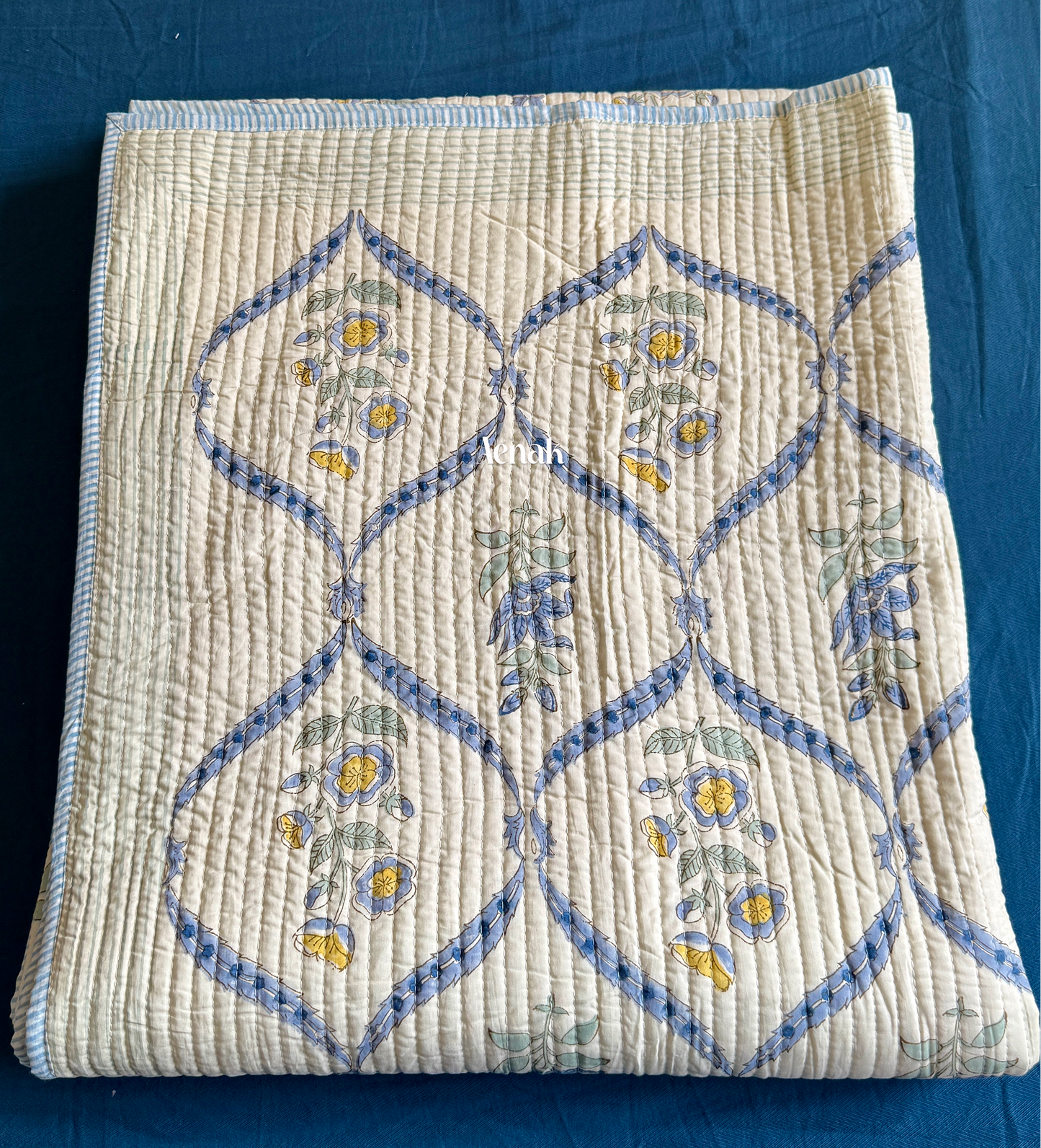 Blue Periwinkle Handblock Bedsheet + Straight Quilted Bedcover Combo Set (Beige Base)