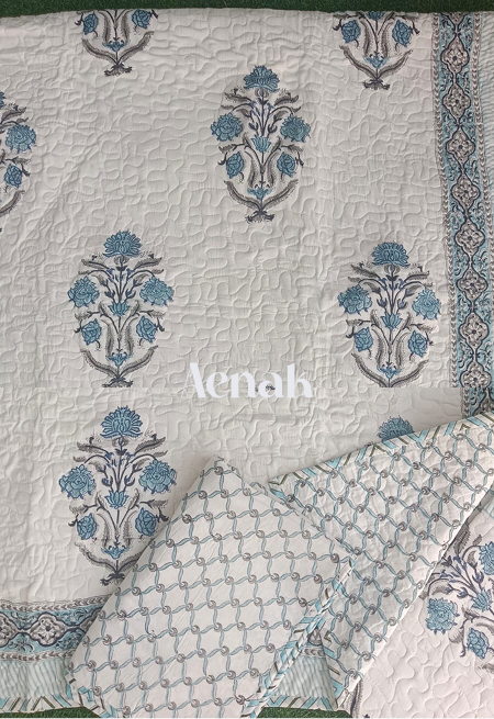 Teal Blue Handblock Bedsheet + Quilted Bedcover Combo