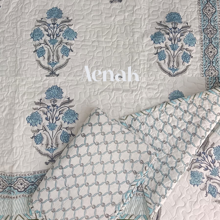 Teal Blue Handblock Bedsheet + Quilted Bedcover Combo Set