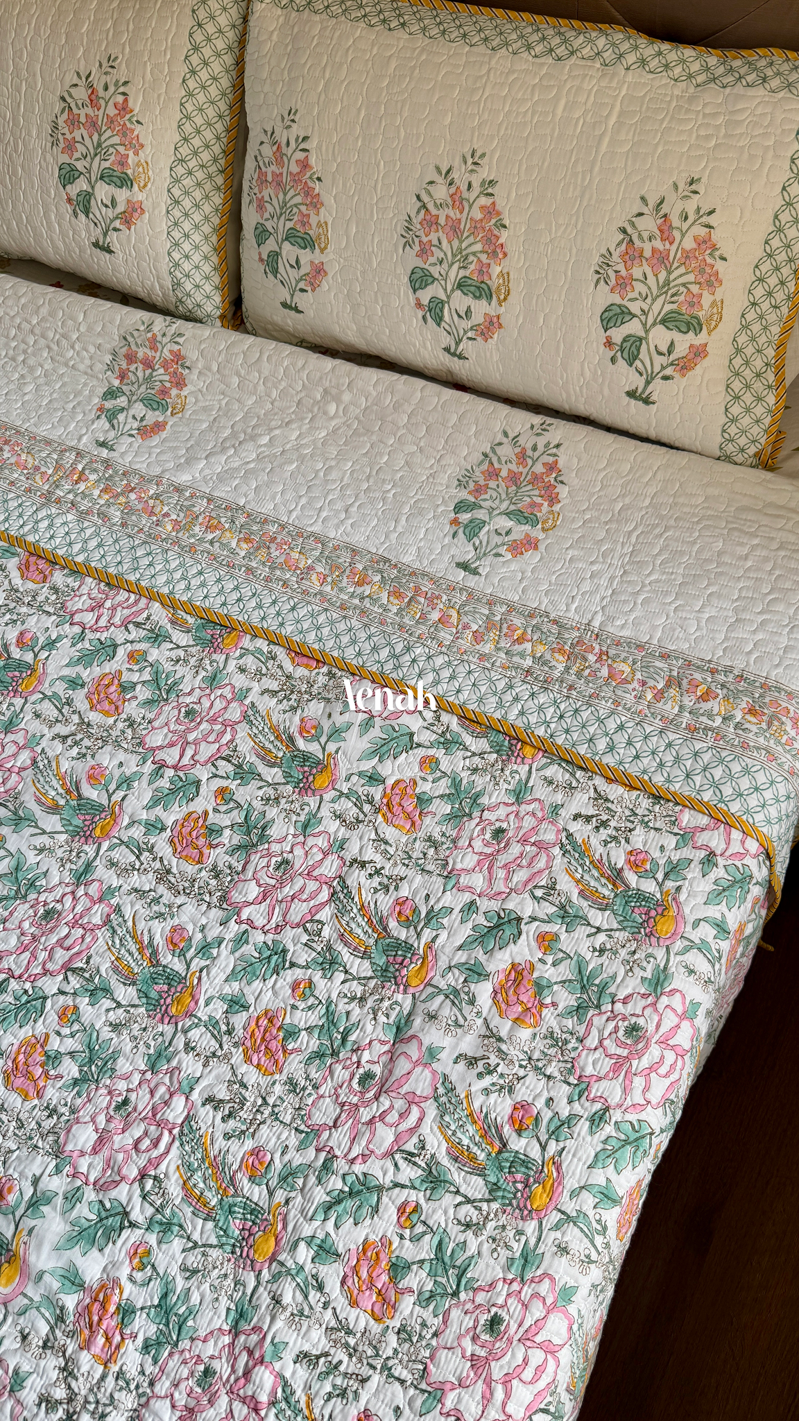 Peach Anokhi Handblock Printed Reversible Quilted Bedcover