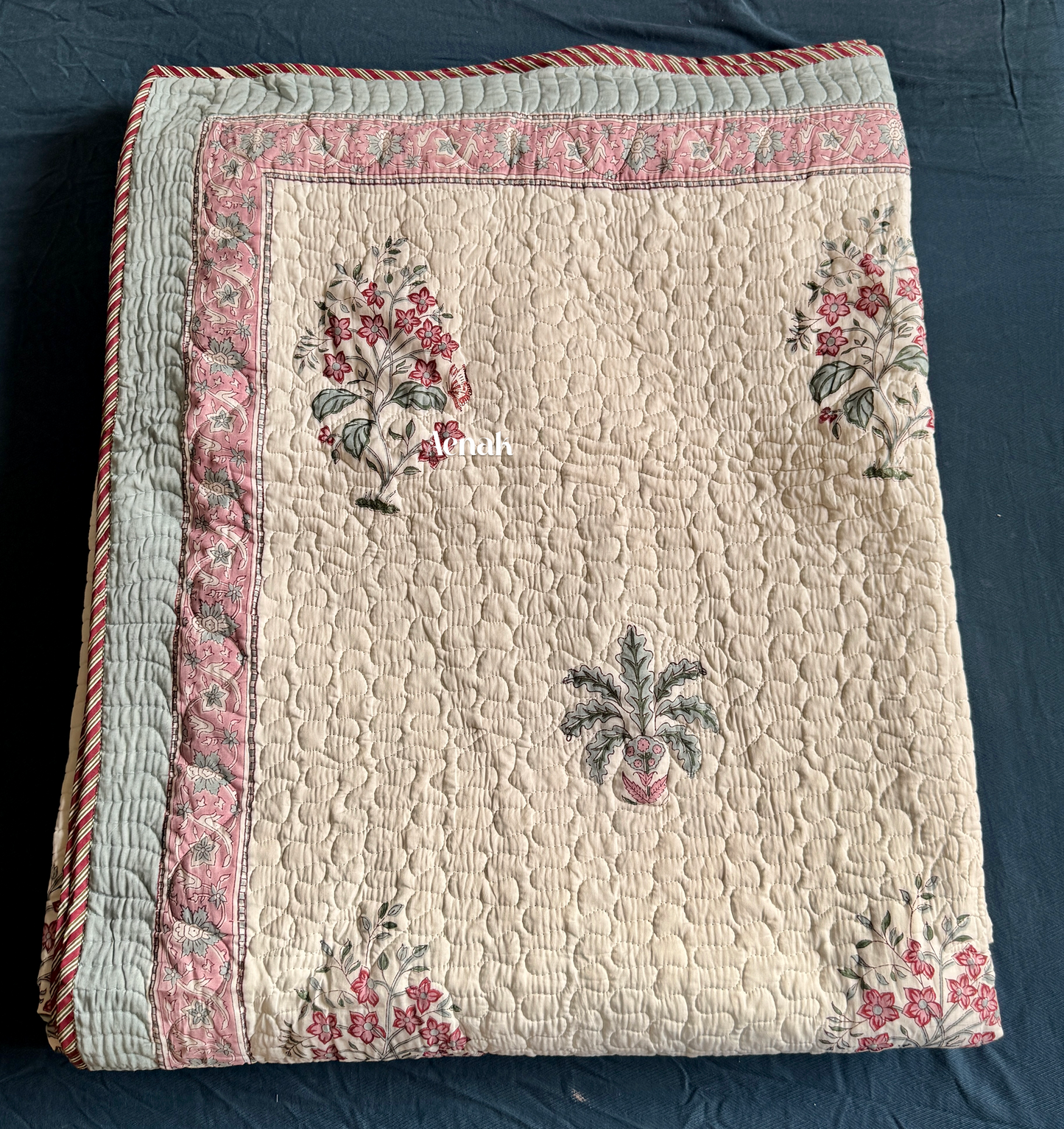 Pink Floral Green Palm Handblock Printed Reversible Quilted Bedcover