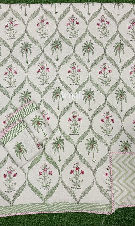 Green Palm Handblock Bedsheet + Quilted Bedcover Combo