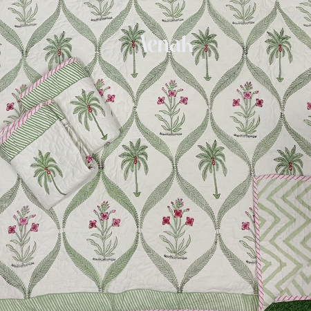 Green Palm Handblock Bedsheet + Quilted Bedcover Combo Set