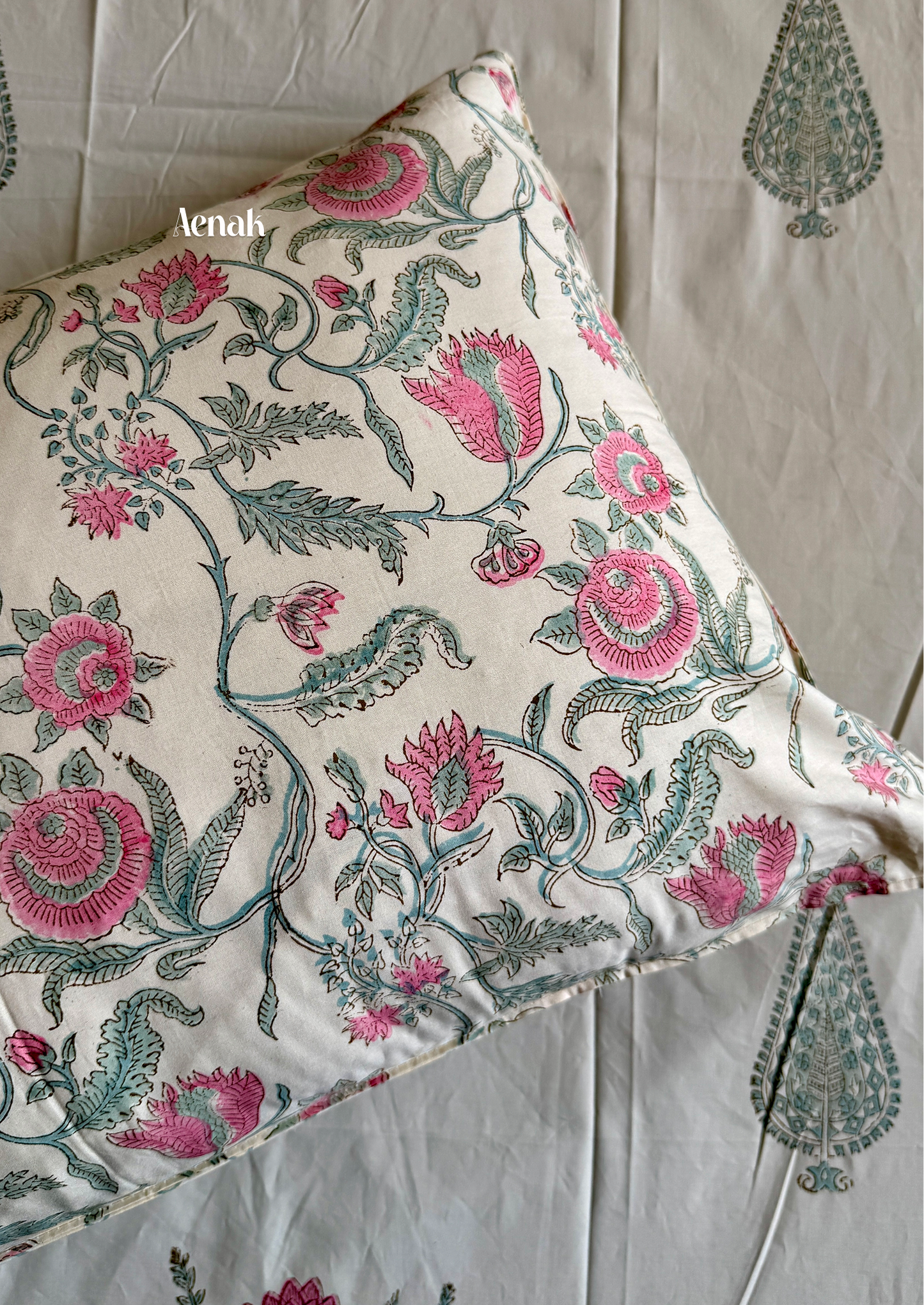 Green Ashoka Handblock Bedsheet + Dohar Combo (Beige Base)