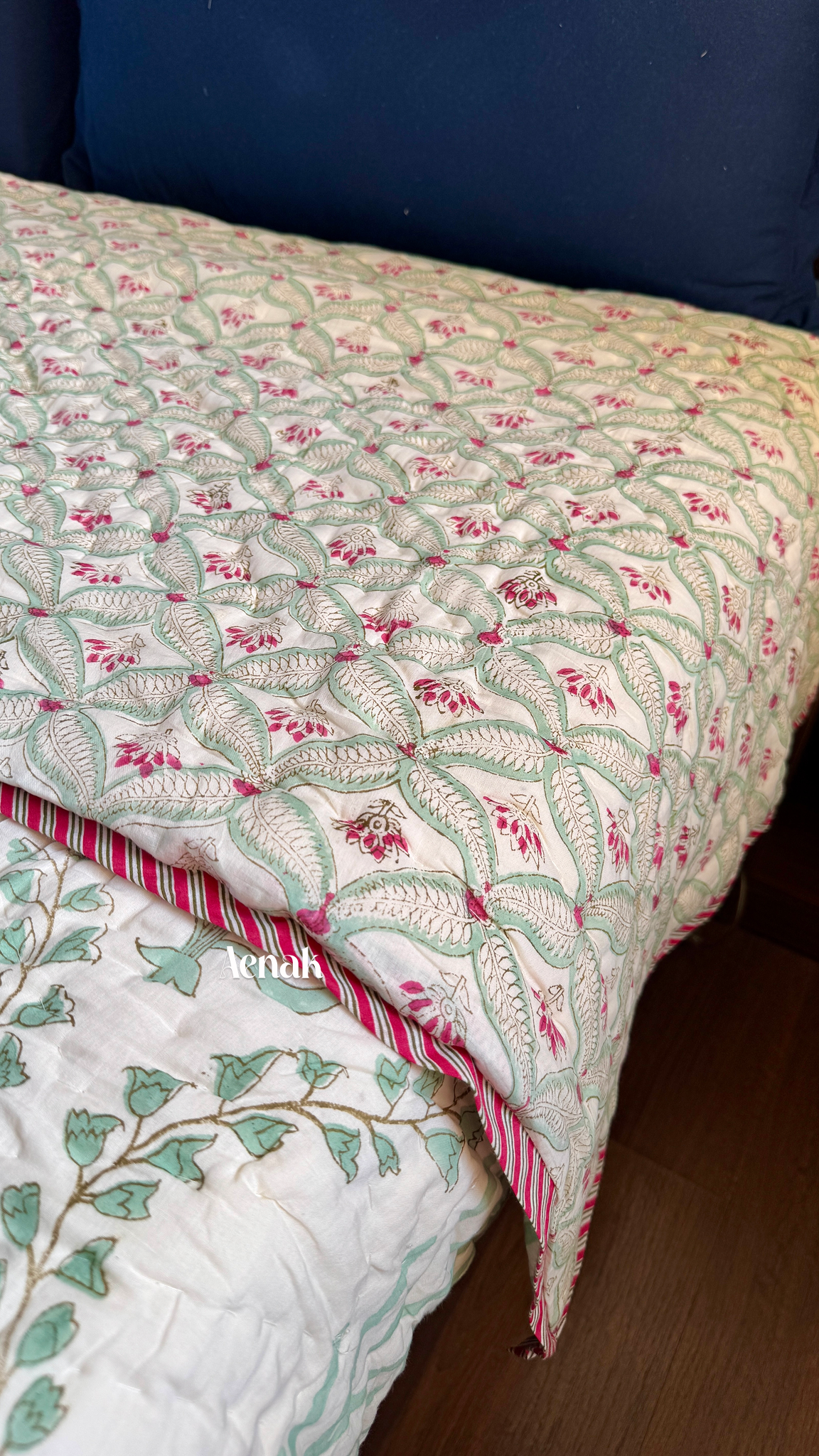Pink Poppy Handblock Reversible Mulmul Cotton Quilt (Light Beige Base)