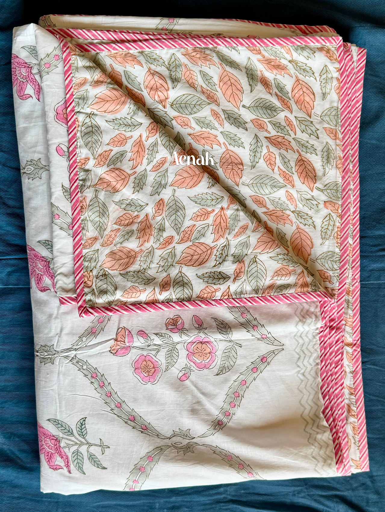 Pink Periwinkle Handblock Printed Mulmul Cotton Reversible Dohar
