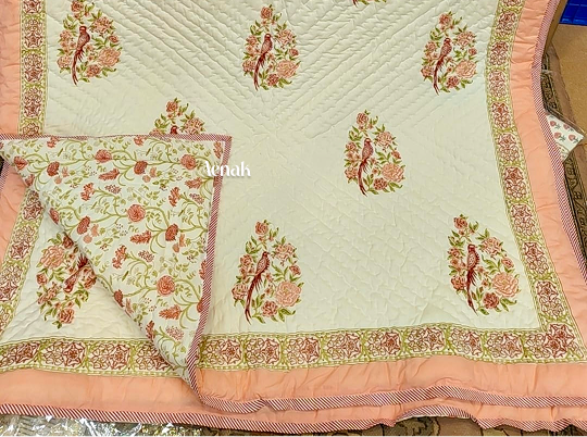 Peach Bird Boota Handblock Reversible Mulmul Cotton Single Quilt