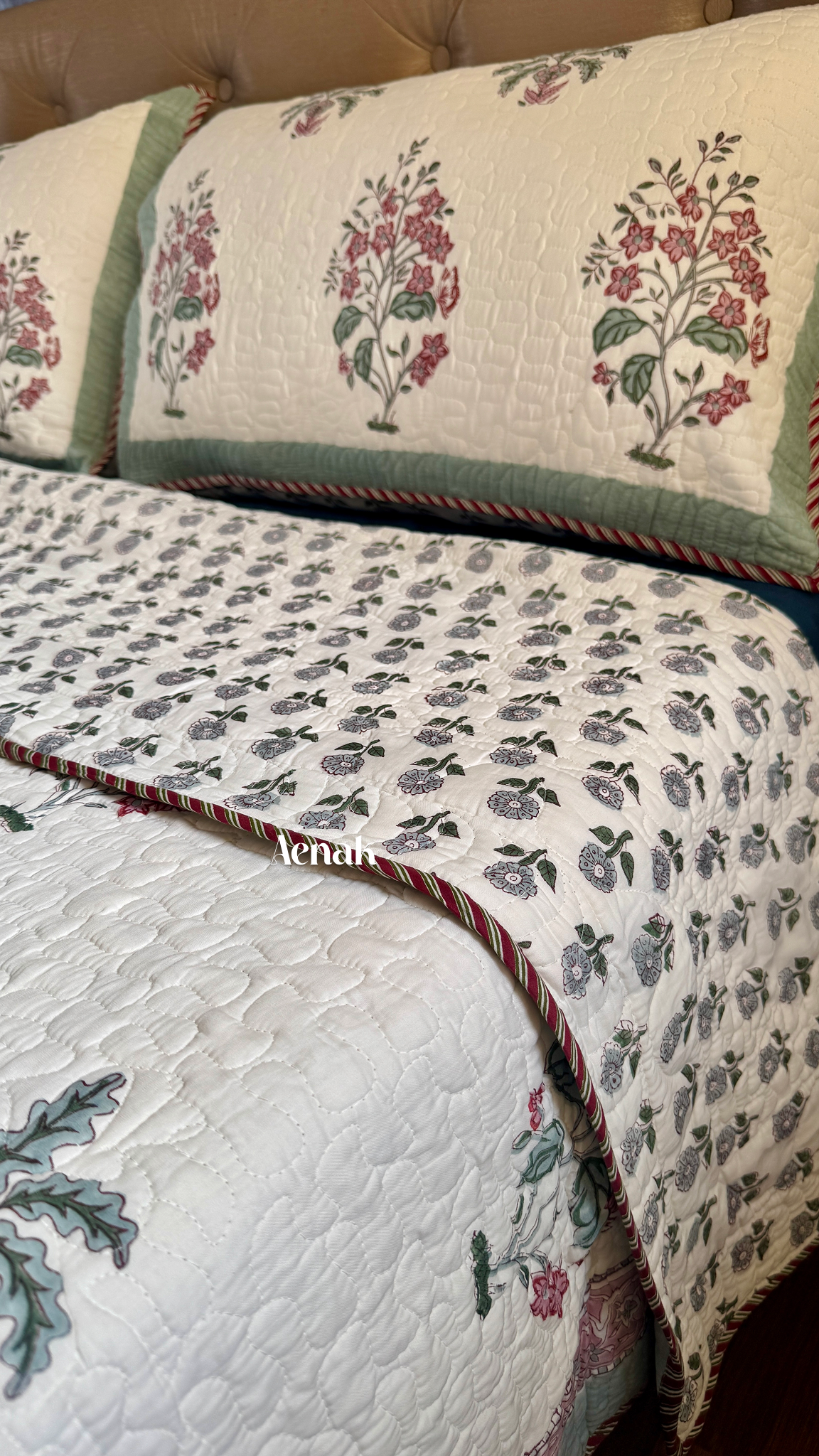 Pink Floral Green Palm Handblock Printed Reversible Quilted Bedcover