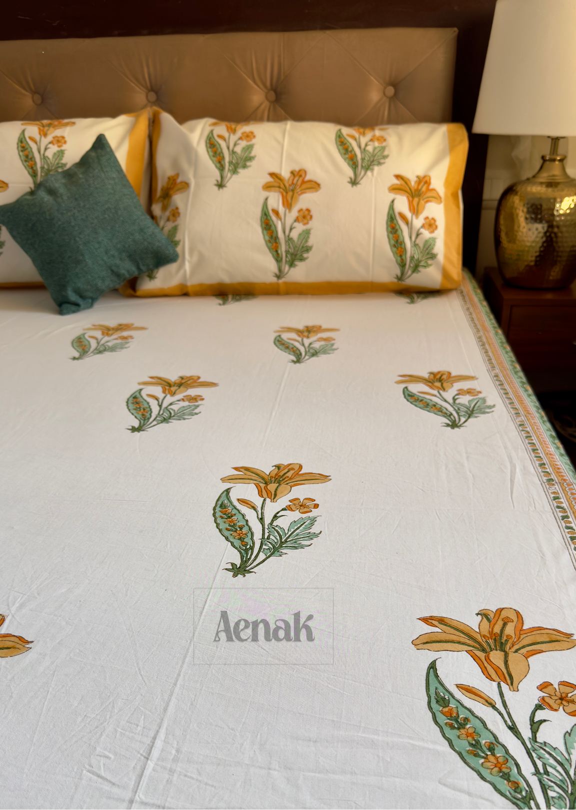 Yellow Lily Handblock Bedsheet + Quilted Bedcover Combo