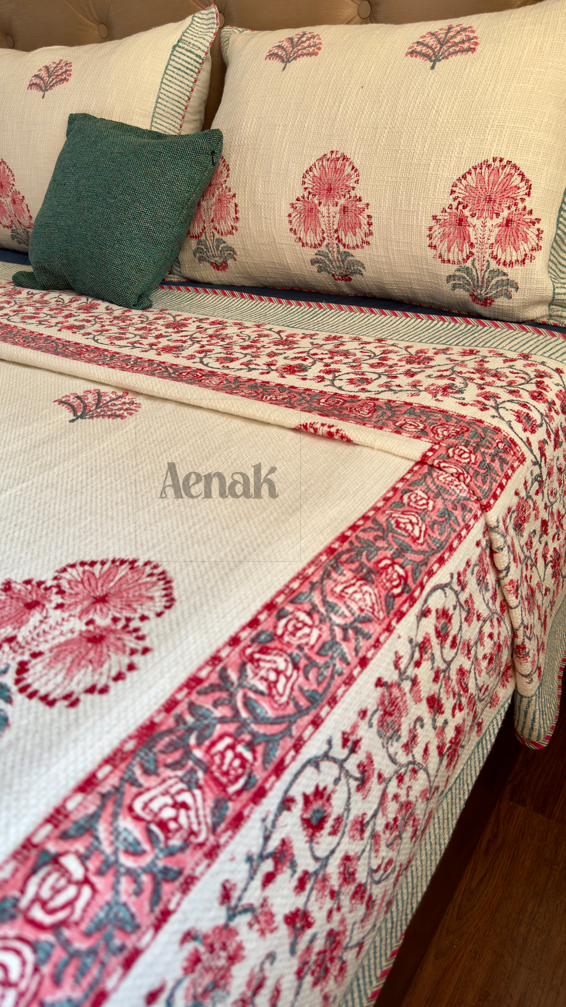 Pink Palm Handblock Printed Jute Cotton Bedcover