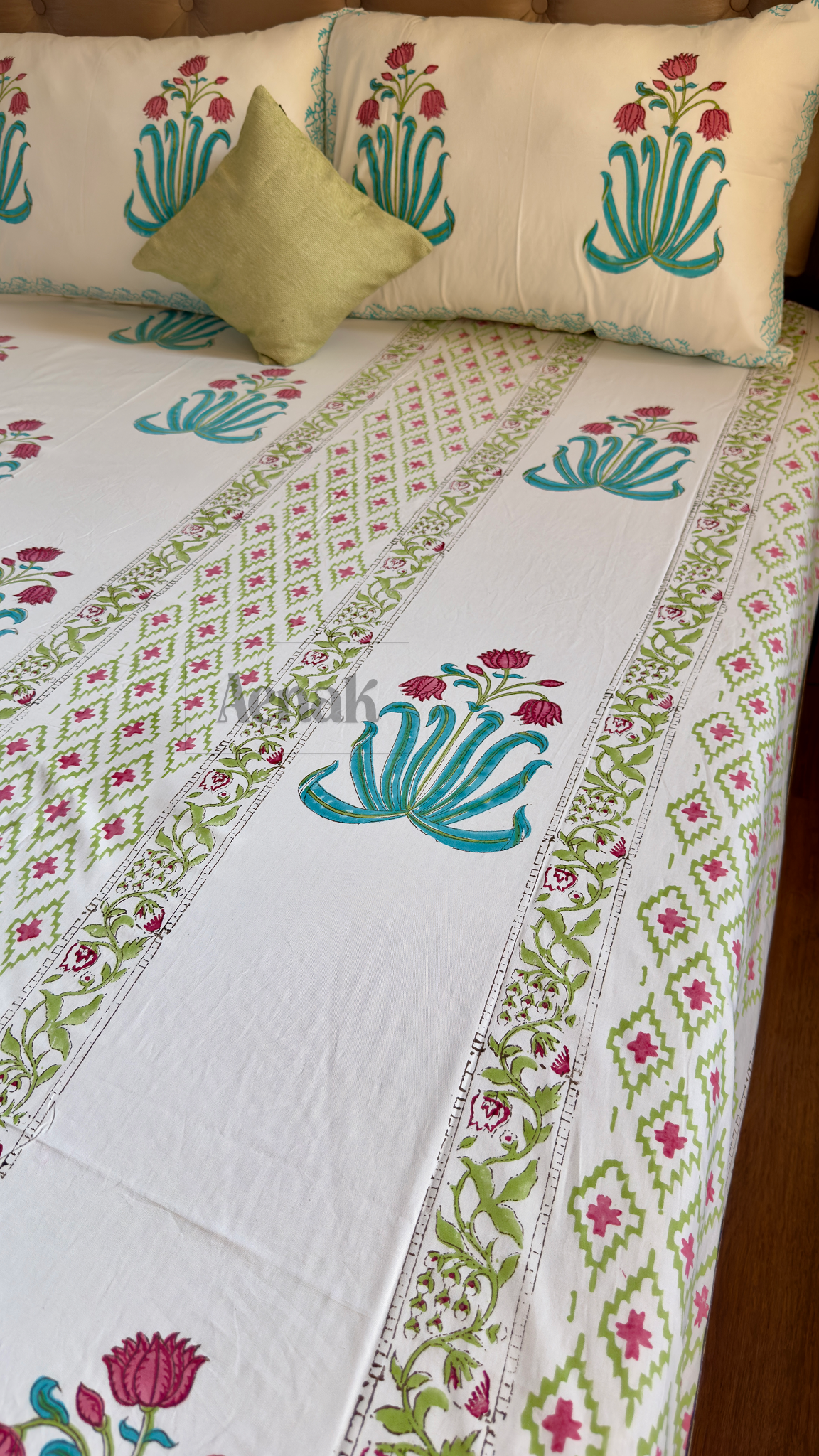 Pink Lotus Handblock Printed Premium Cotton Bedsheet