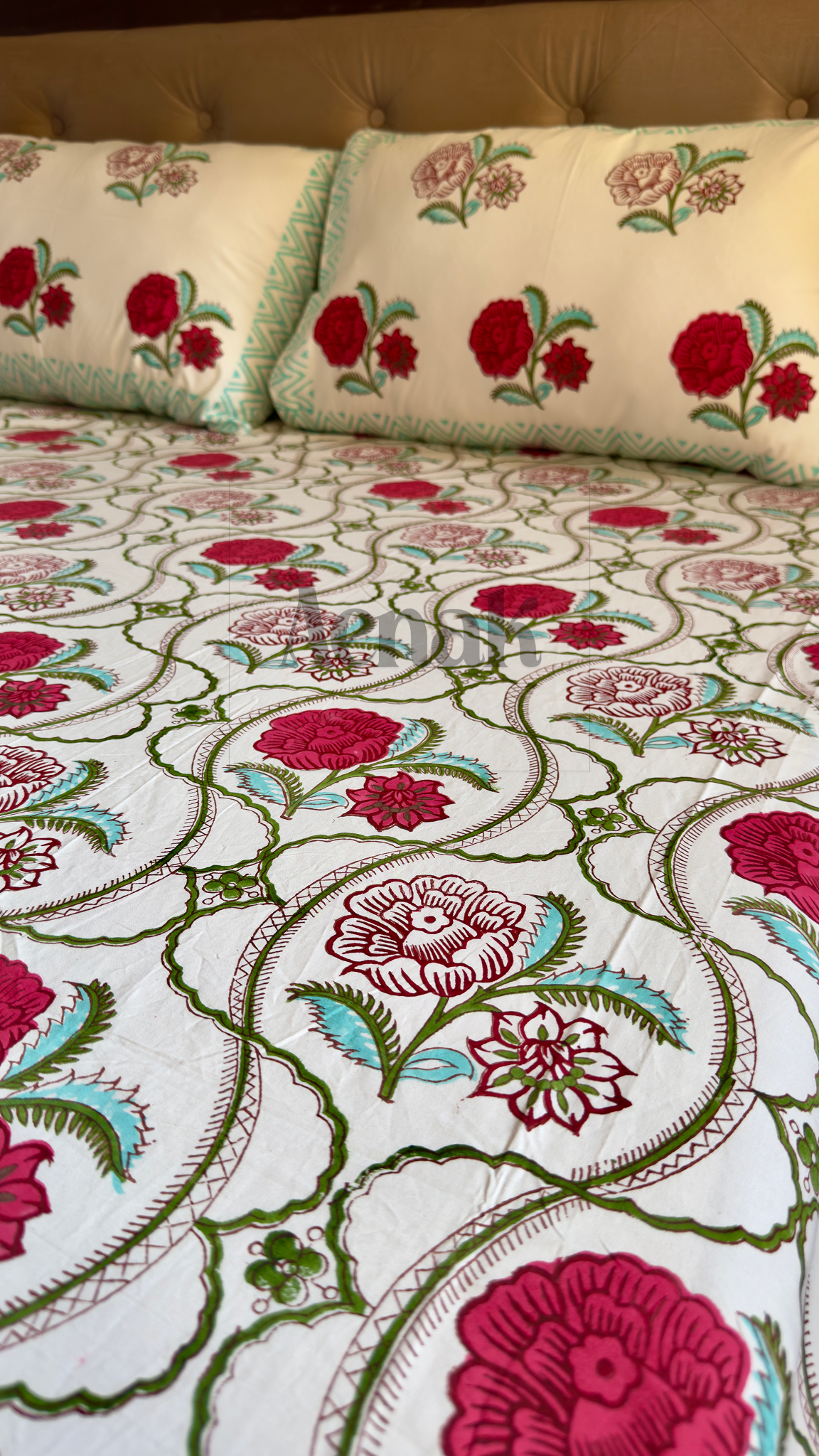 Red Rose Jaal Handblock Printed Premium Cotton Bedsheet