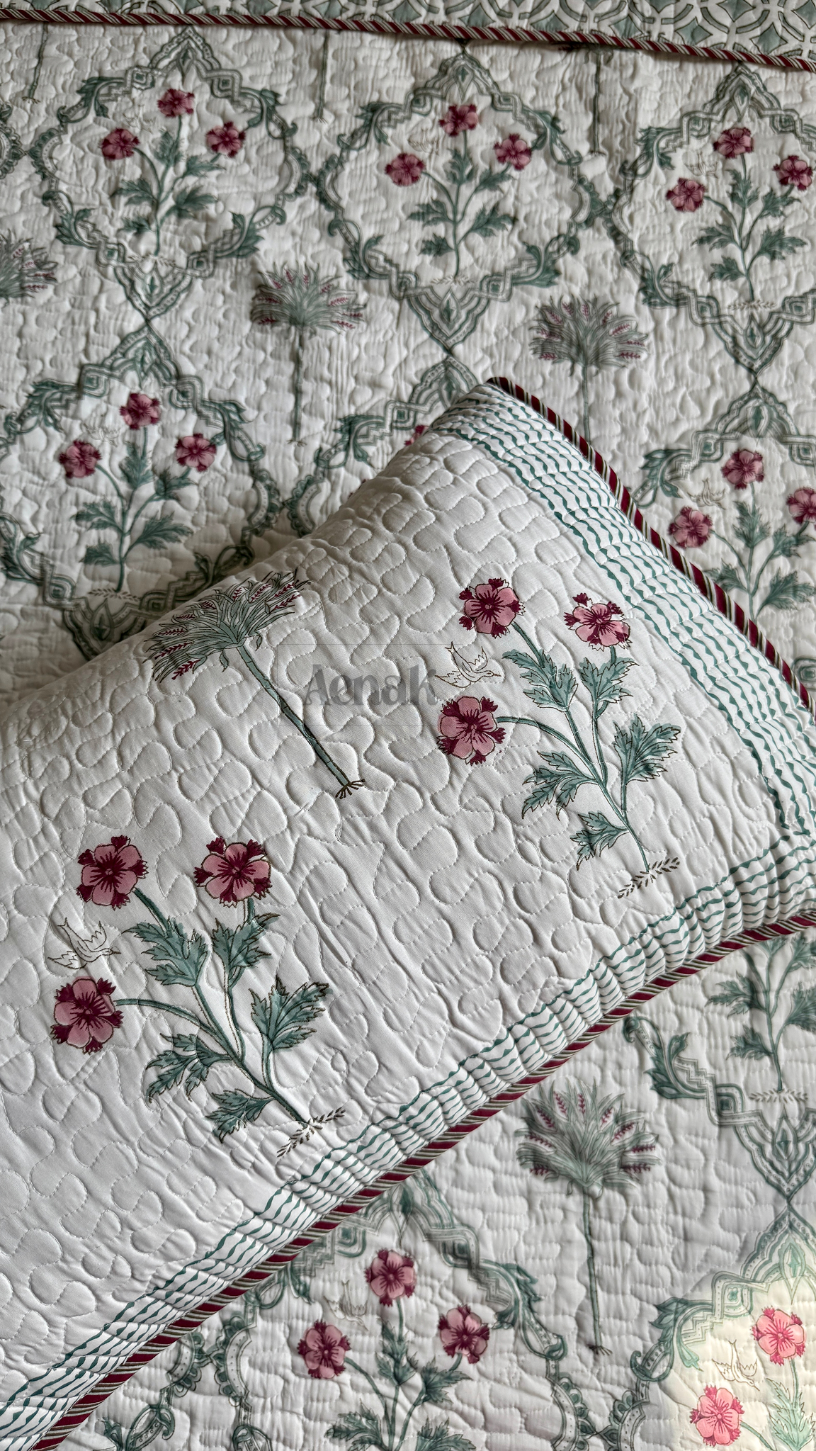 Sage Green Jaal Handblock Printed Reversible Quilted Cotton Bedcover