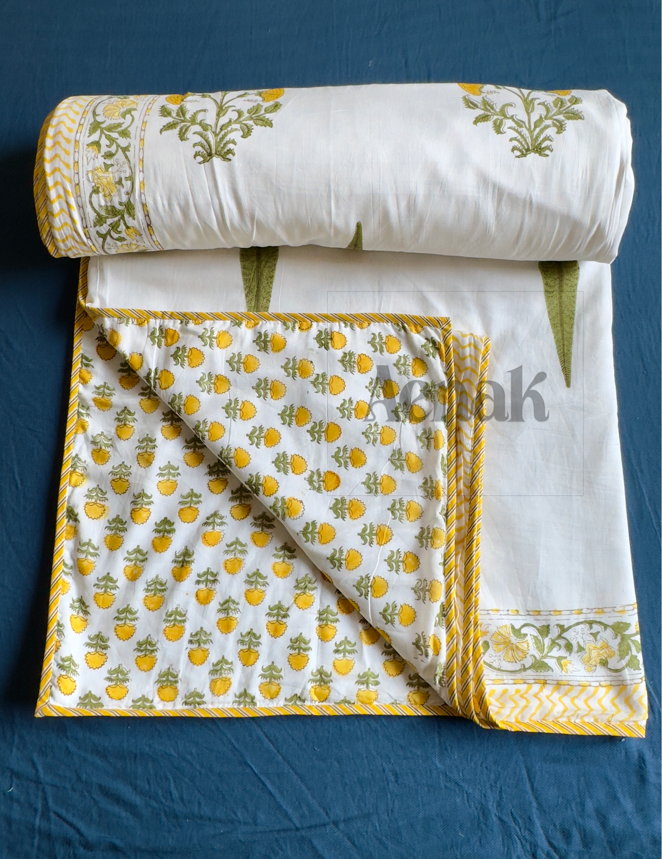 Yellow Marigold Handblock Printed Mulmul Cotton Reversible Dohar