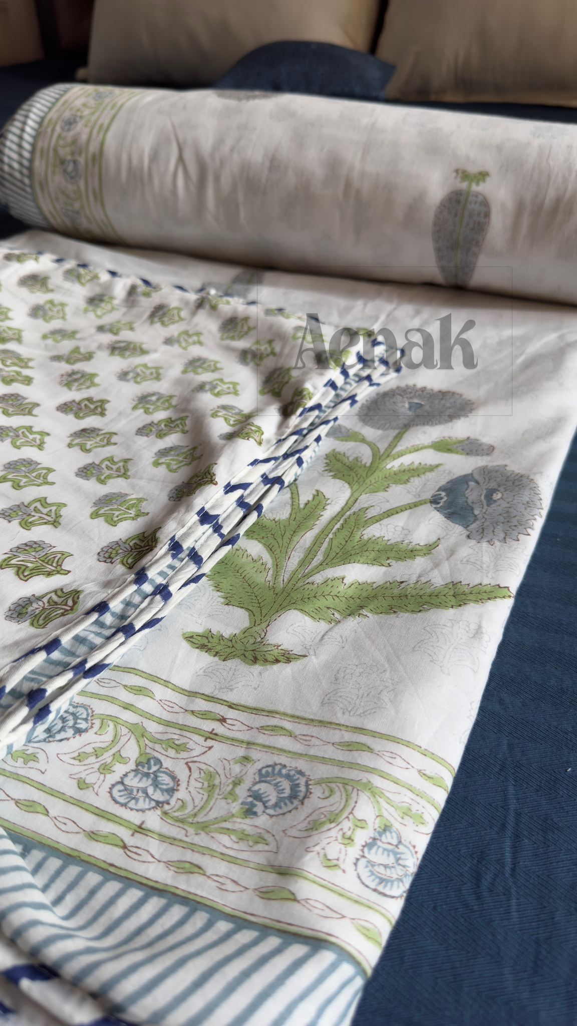 Blue Dahlia Handblock Bedsheet + Dohar Combo