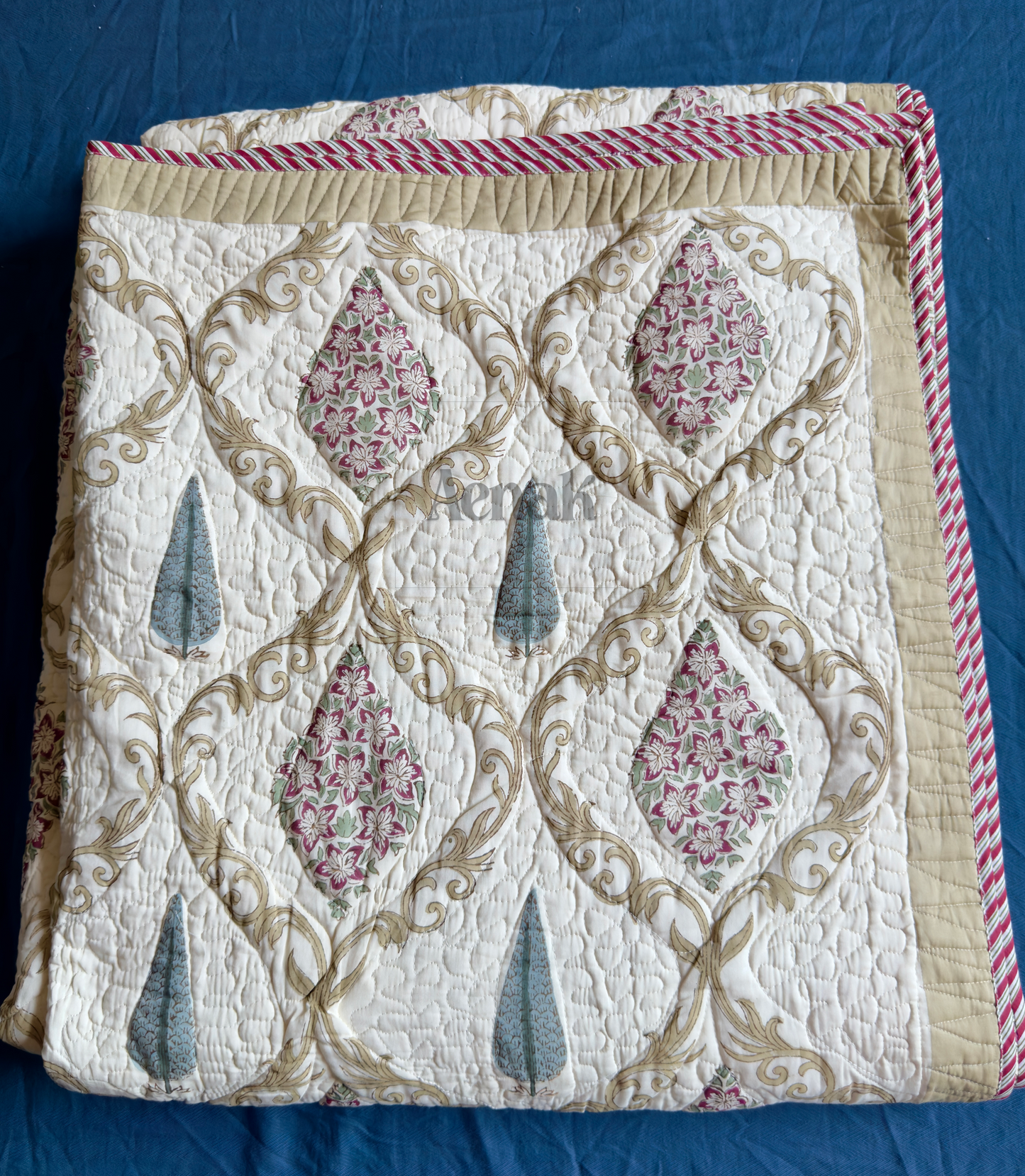 Maroon & Blue Cypress Handblock Printed Reversible Quilted Bedcover (Non-White)