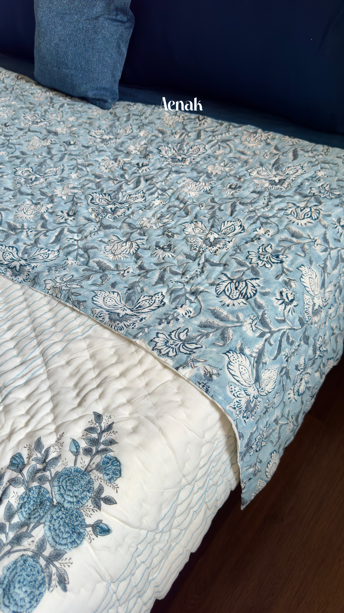 Blue Phool Boota Handblock Reversible Mulmul Cotton Quilt
