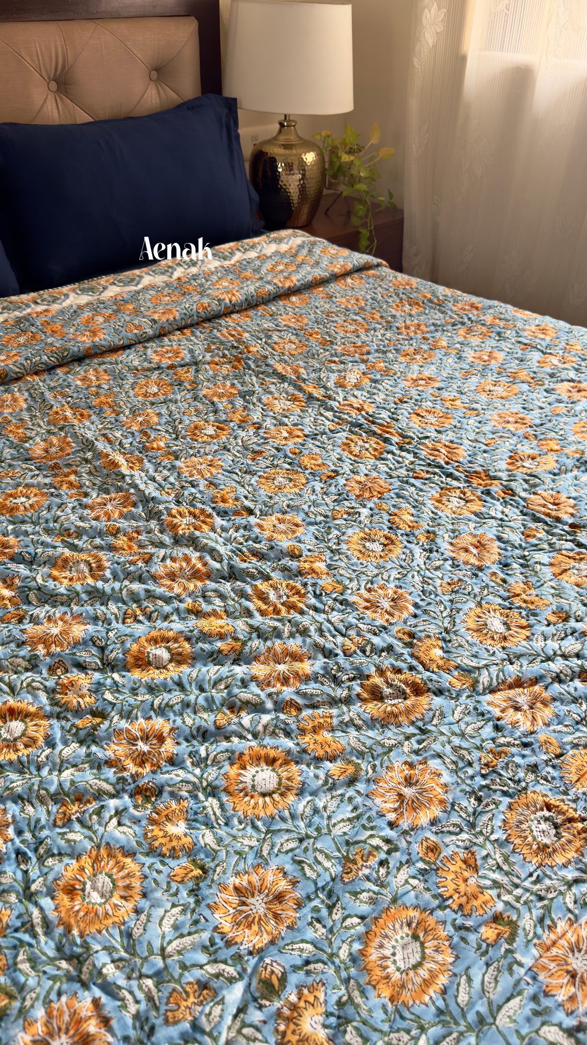 Blue & Yellow Floral Garden Handblock Printed Reversible Mulmul Cotton Quilt