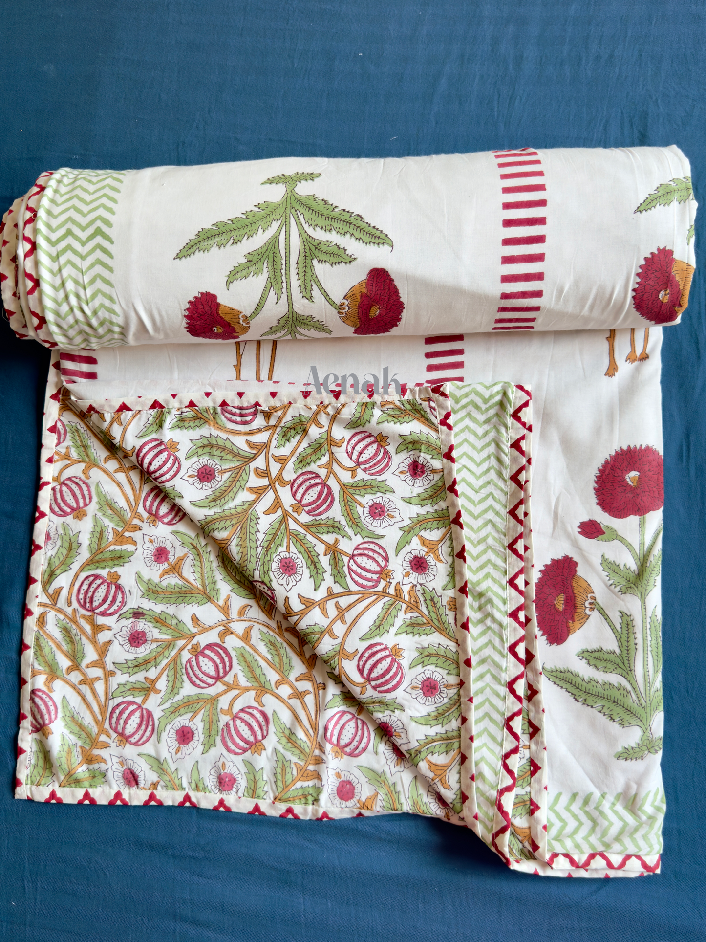 Red Dahlia Handblock Mulmul Cotton Reversible Dohar