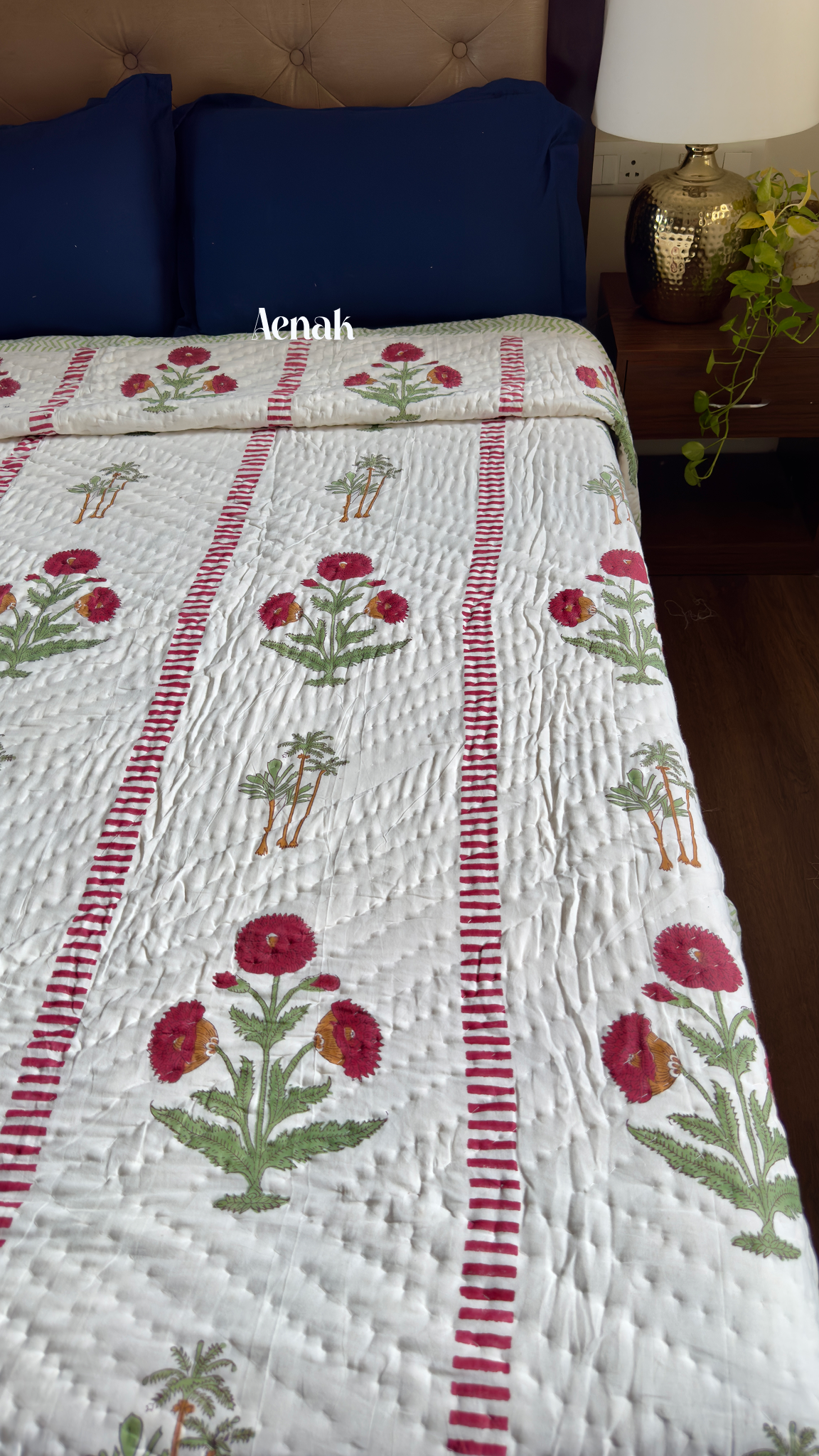 Red Dahlia Handblock Printed Reversible Mulmul Cotton Quilt