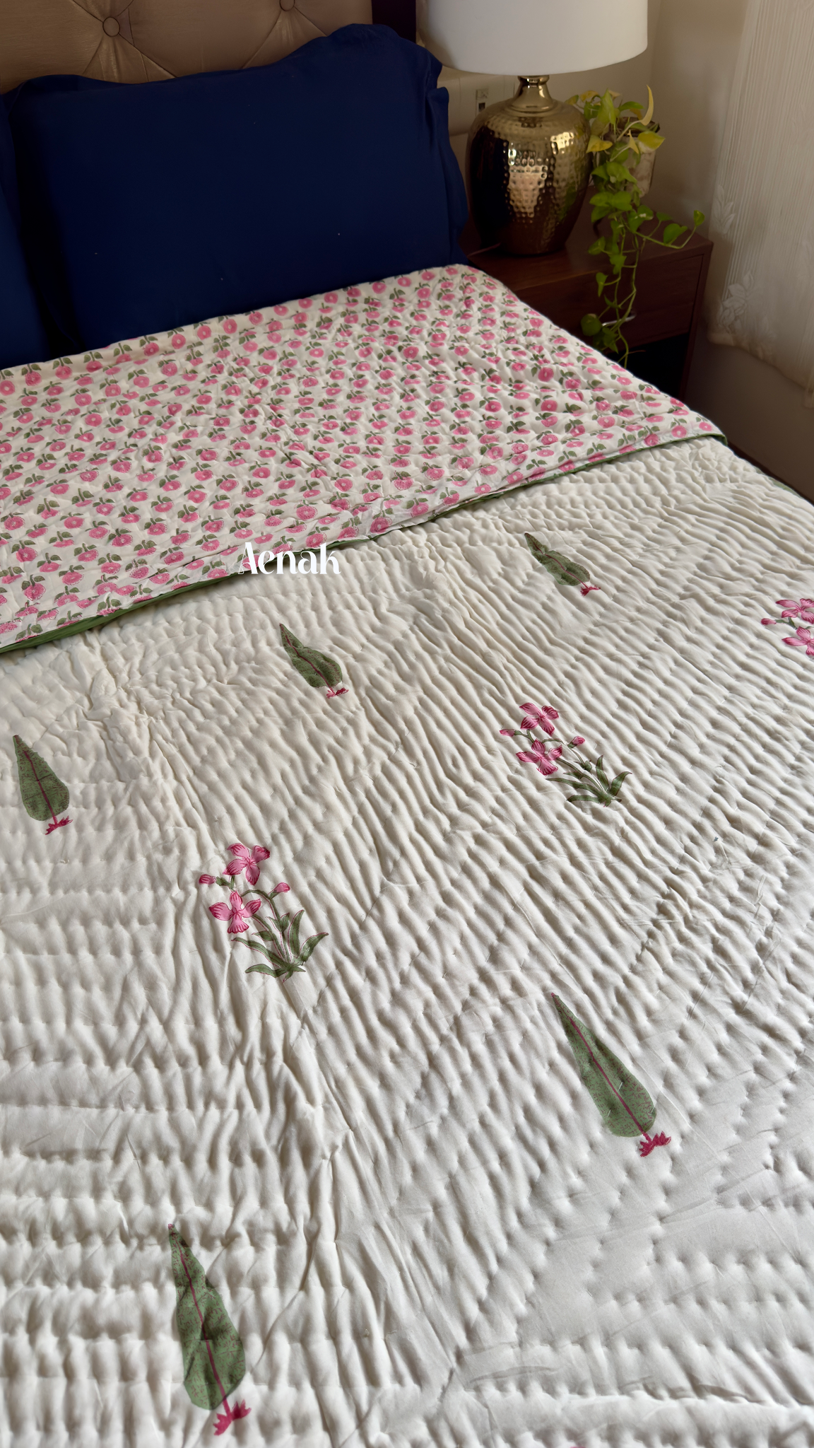 Pink Madhumati Handblock Reversible Mulmul Cotton Quilt