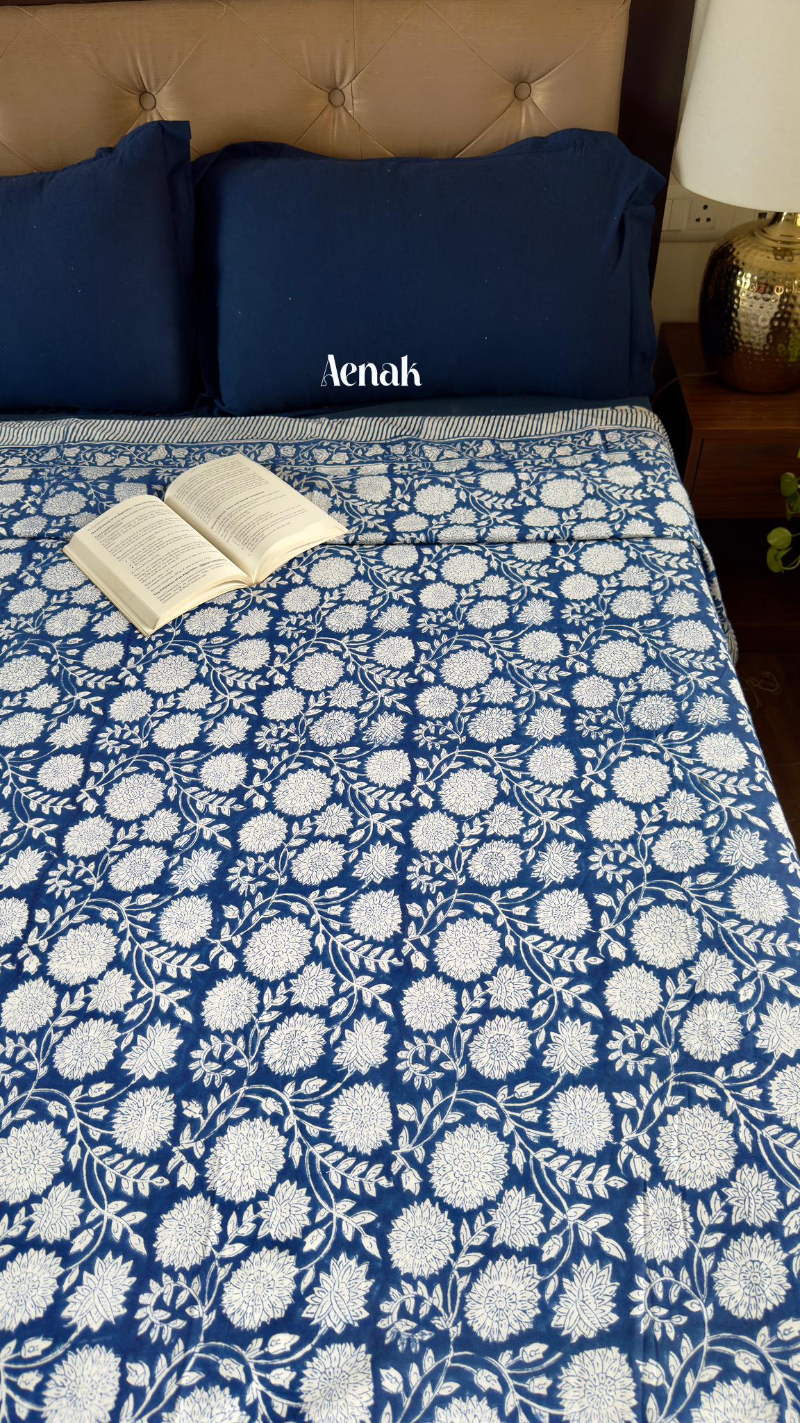 Blue Floral Garden Handblock Printed Mulmul Cotton Reversible Dohar