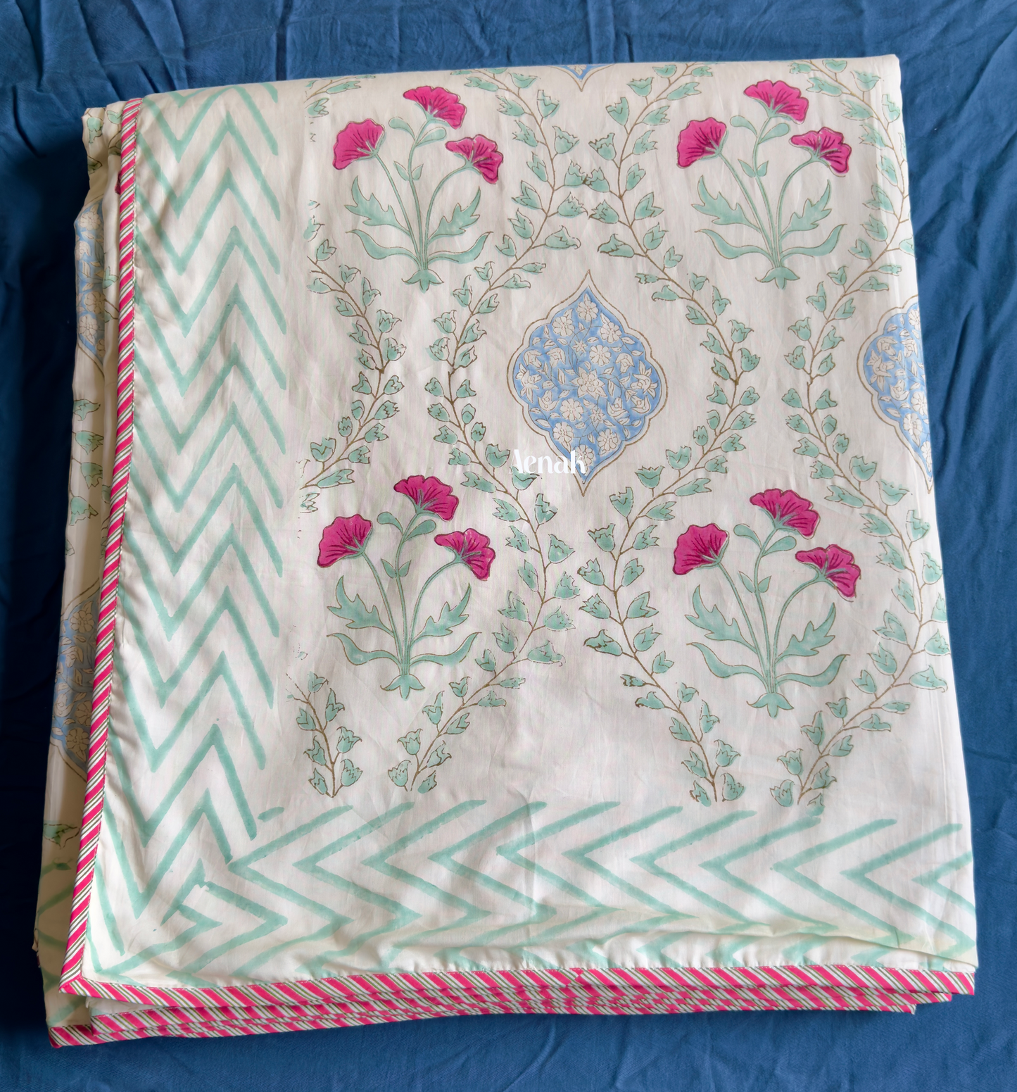 Pink Poppy Jaal Handblock Mulmul Cotton Reversible Dohar (Non-White)