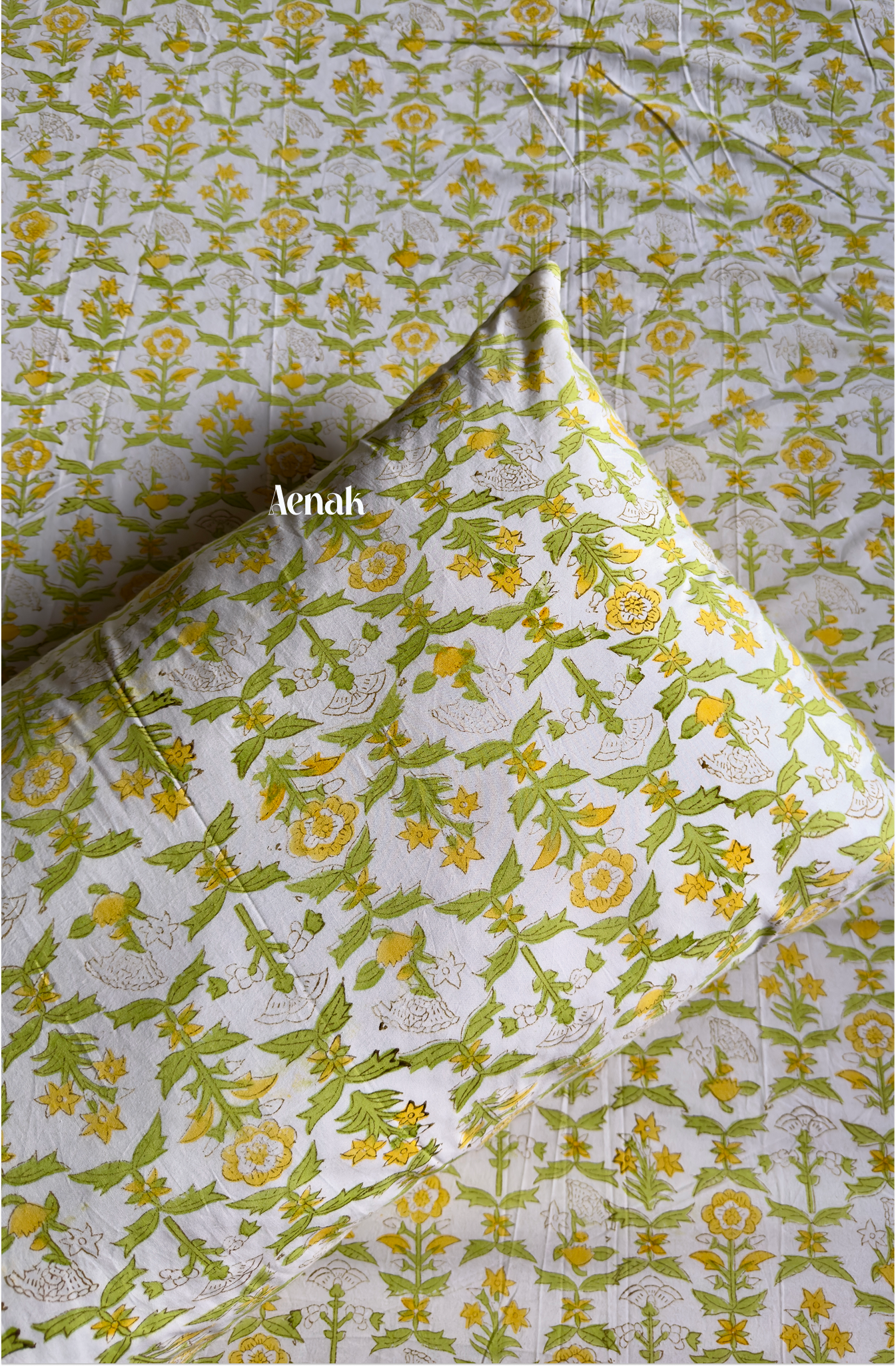 Yellow Lotus Handblock Printed Premium Cotton Fitted Bedsheet Set