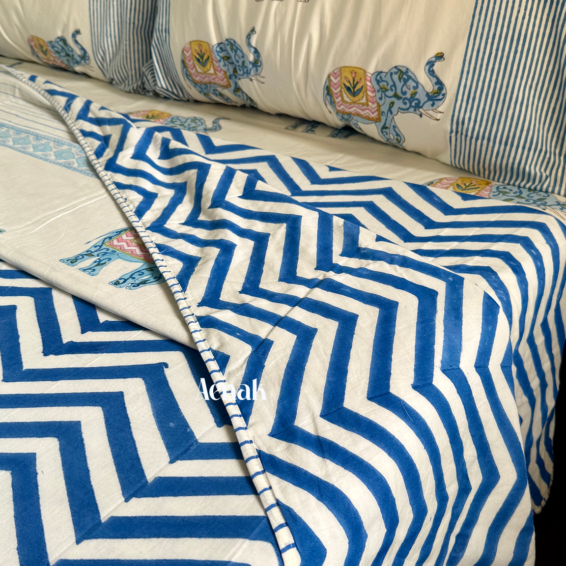 Blue Elephant Chevron Handblock Mulmul Cotton Reversible Dohar