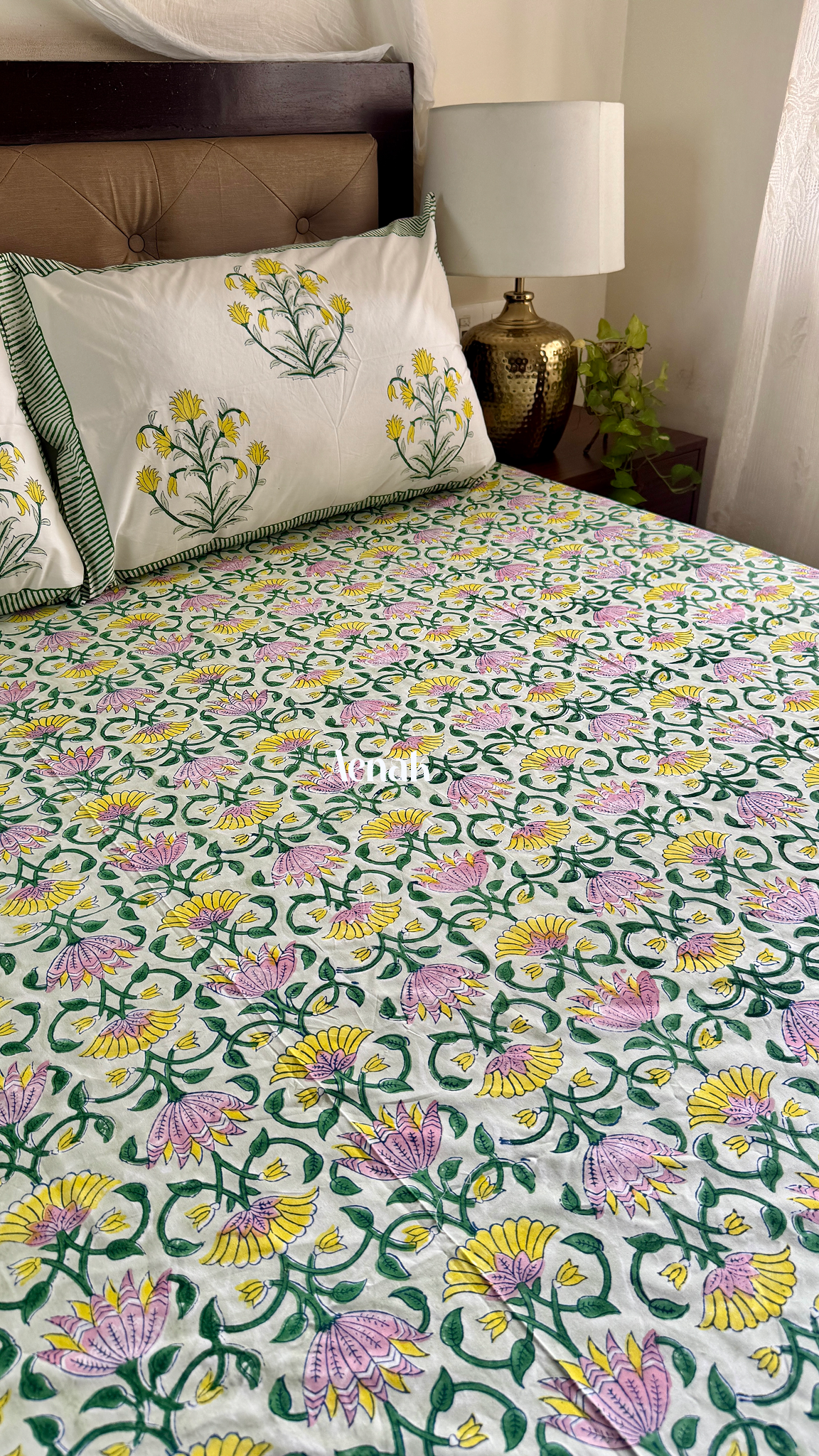 Pink Yellow Lotus Handblock Bedsheet + Quilted Bedcover Combo