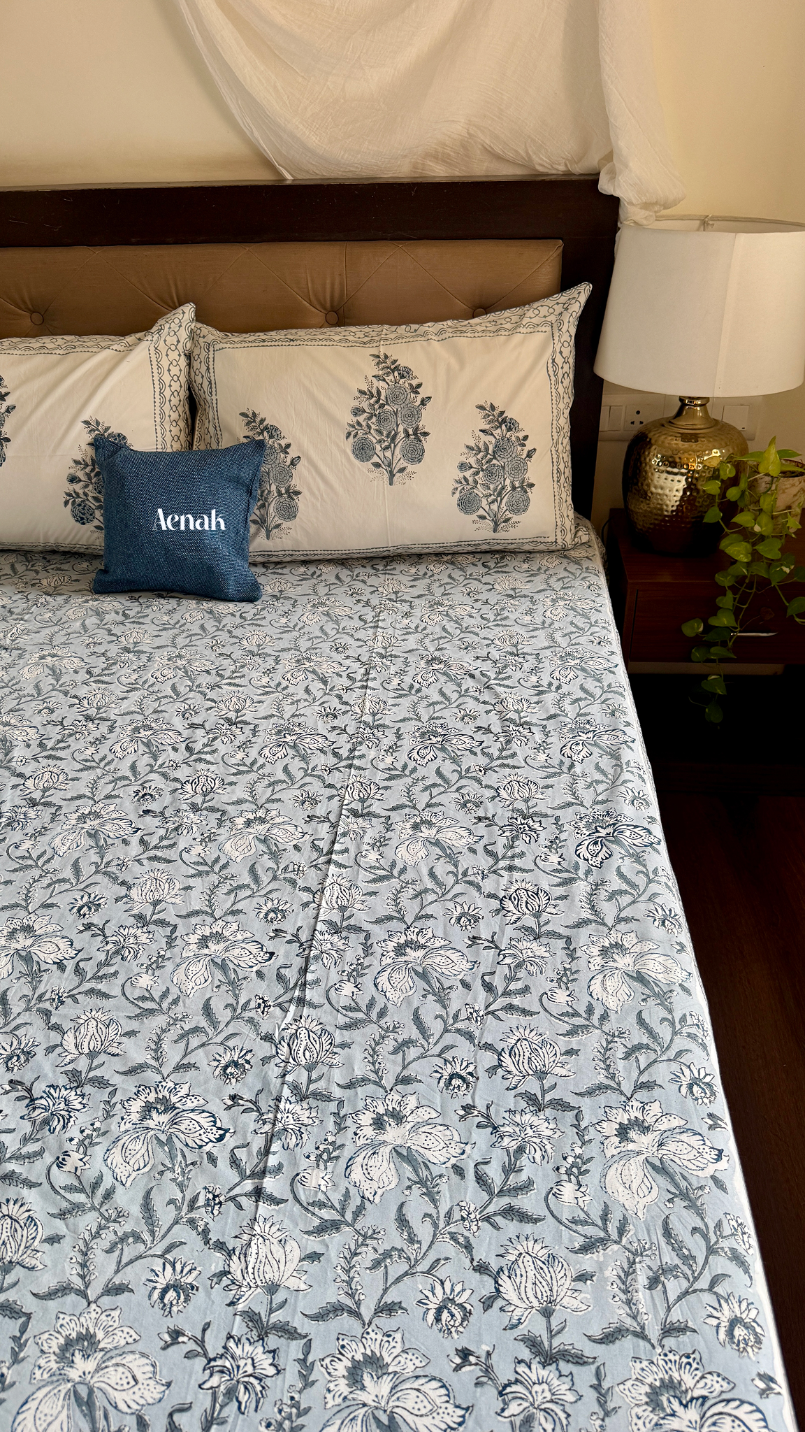 Blue Phool Boota Handblock Printed Premium Cotton Bedsheet