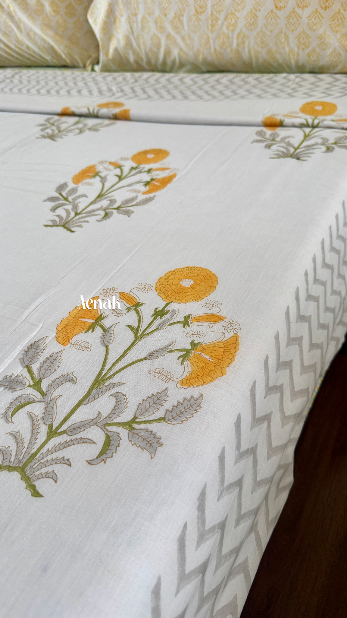 Yellow Dahlia Garden Handblock Printed Mulmul Cotton Reversible Dohar