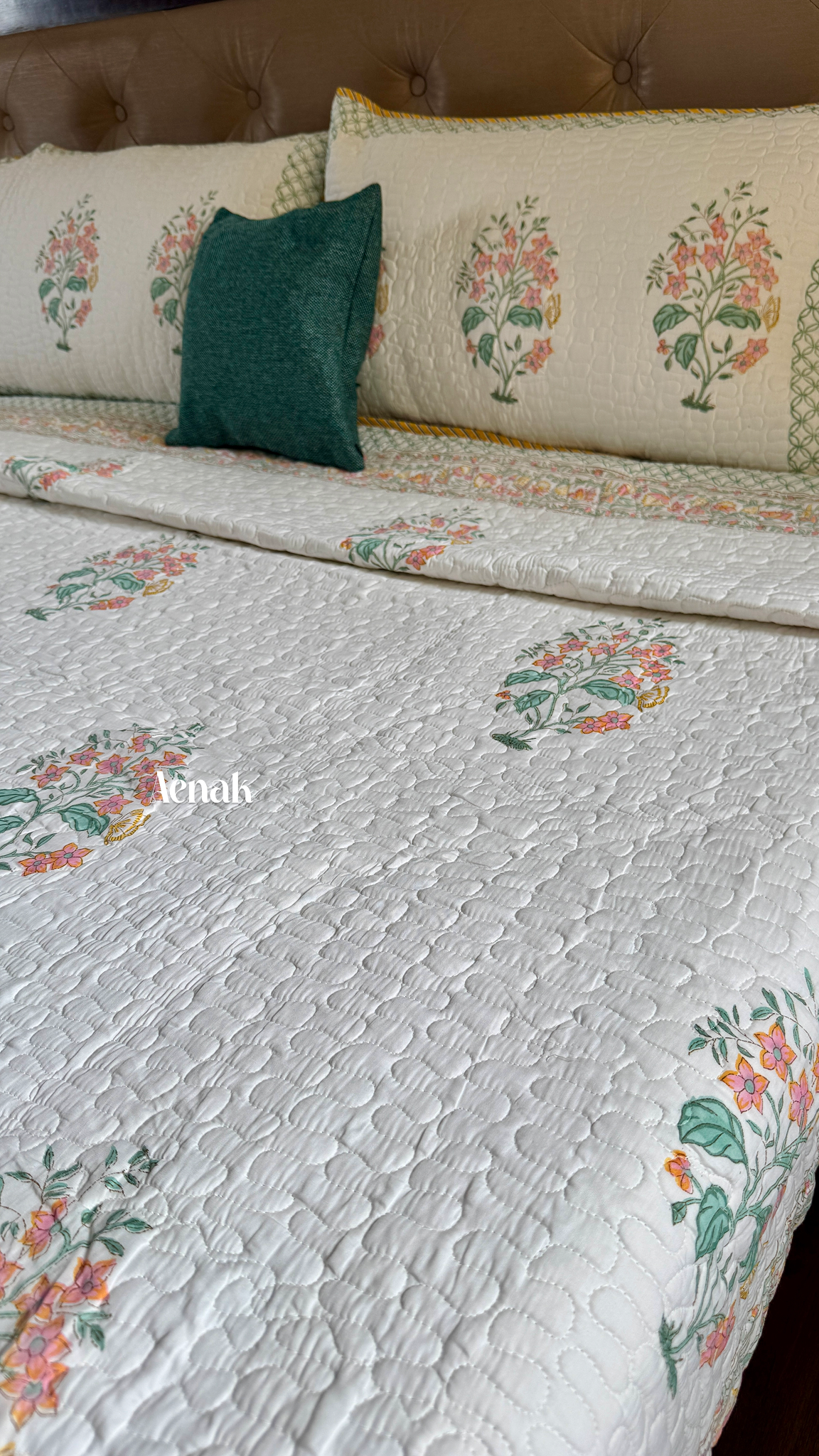 Peach Anokhi Handblock Printed Reversible Quilted Bedcover