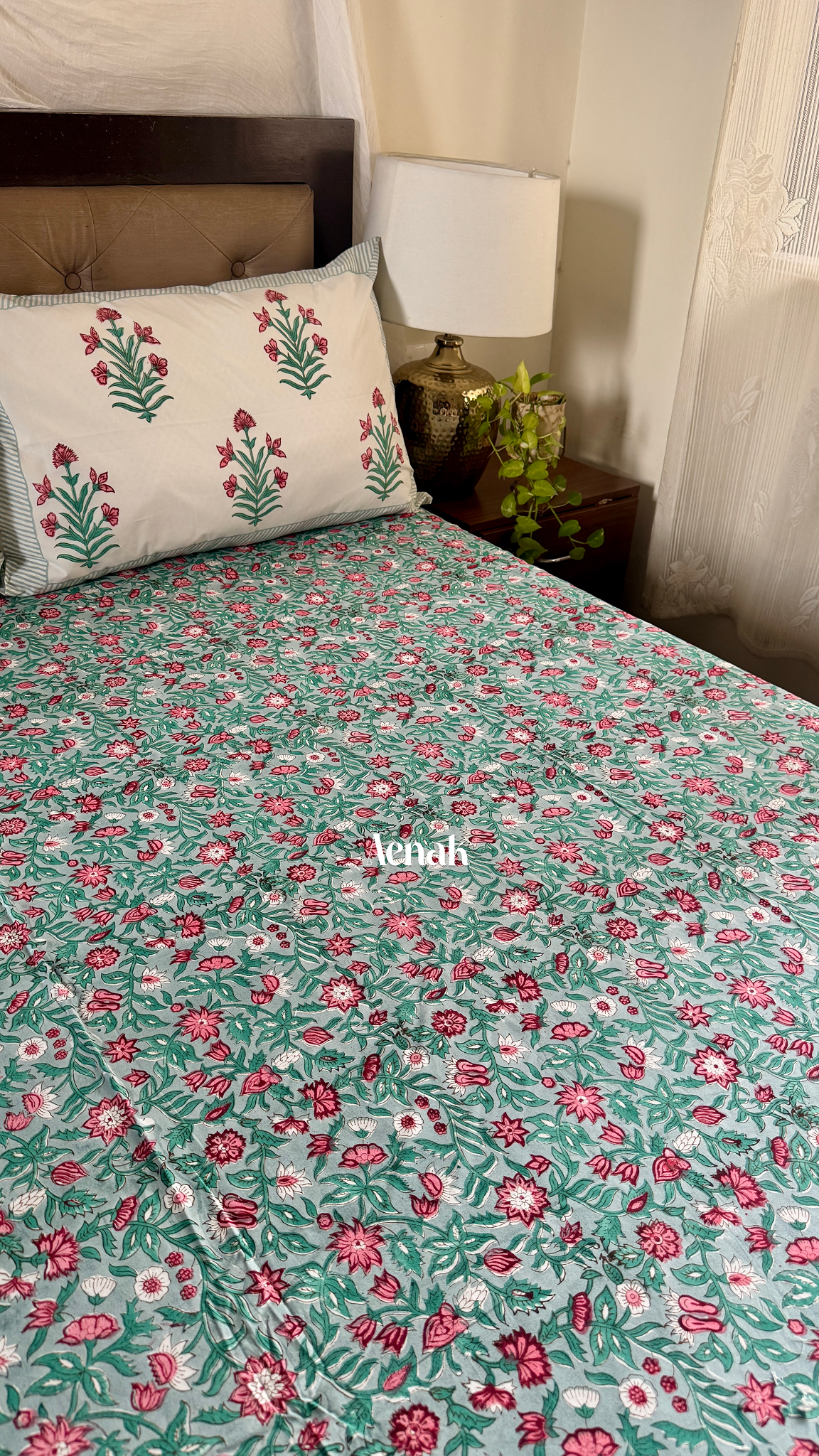 Sage Green Floral Handblock Printed Premium Cotton Bedsheet