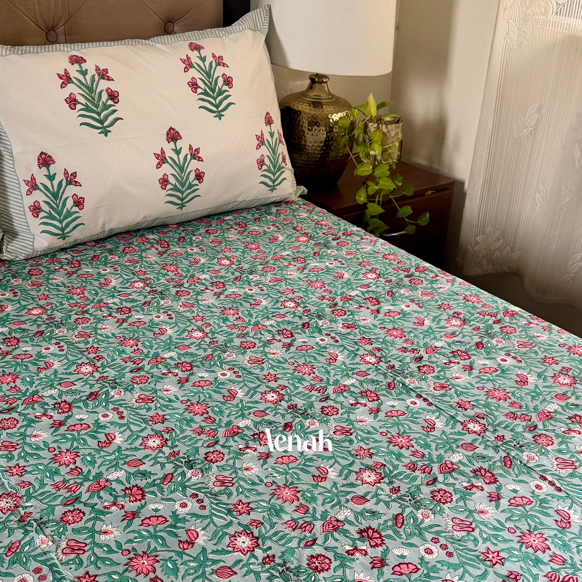 Sage Green Floral Handblock Premium Cotton Bedsheet Set