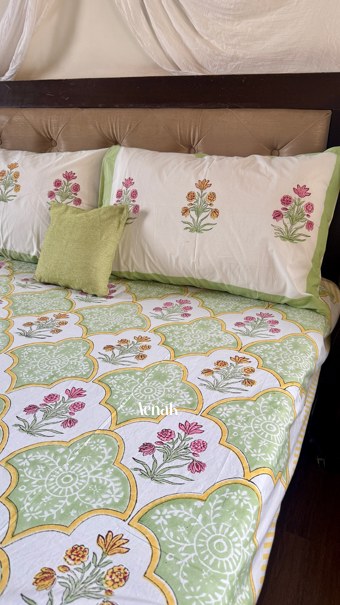 Mint Green & Yellow Handblock Printed Premium Cotton Bedsheet