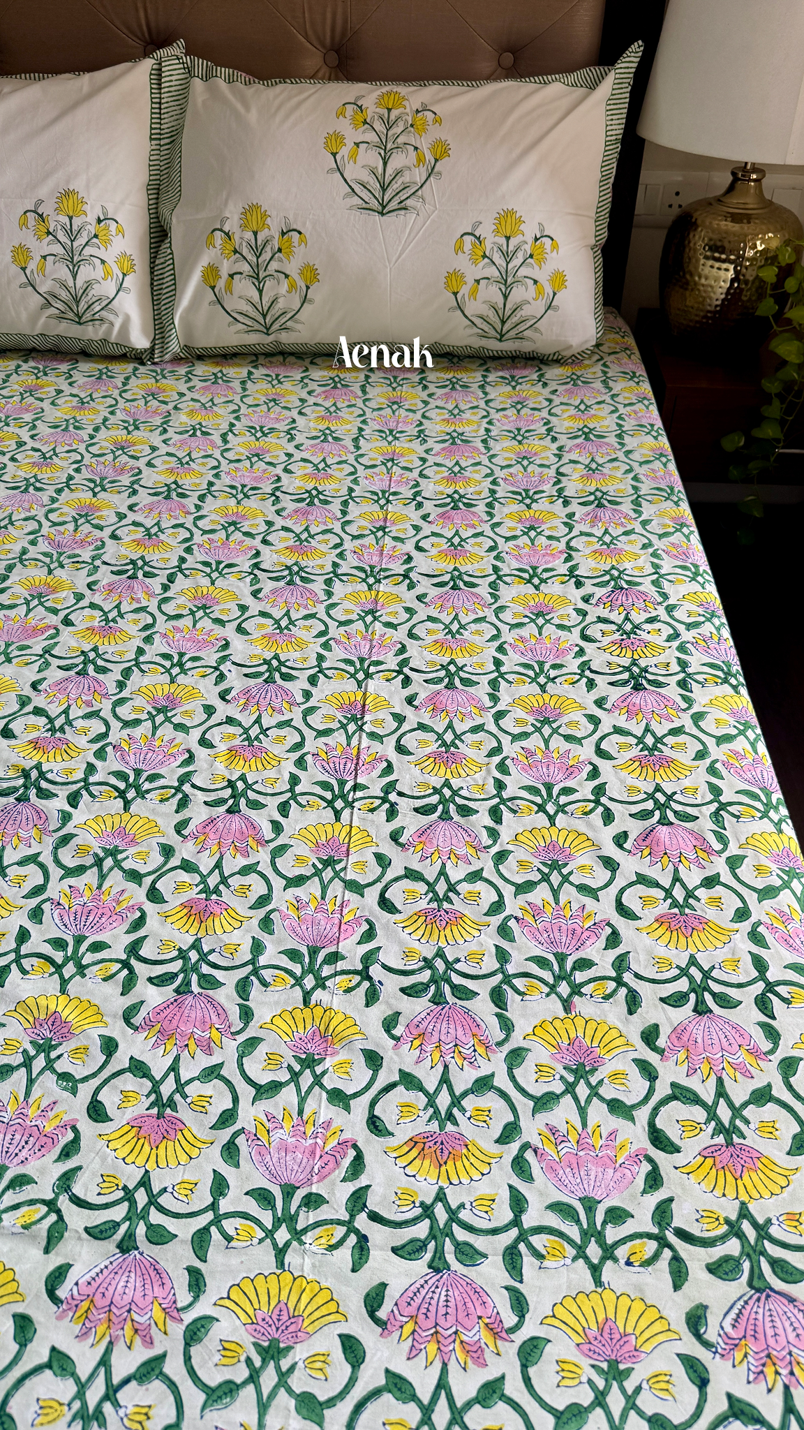 Pink & Yellow Lotus Handblock Printed Premium Cotton Bedsheet