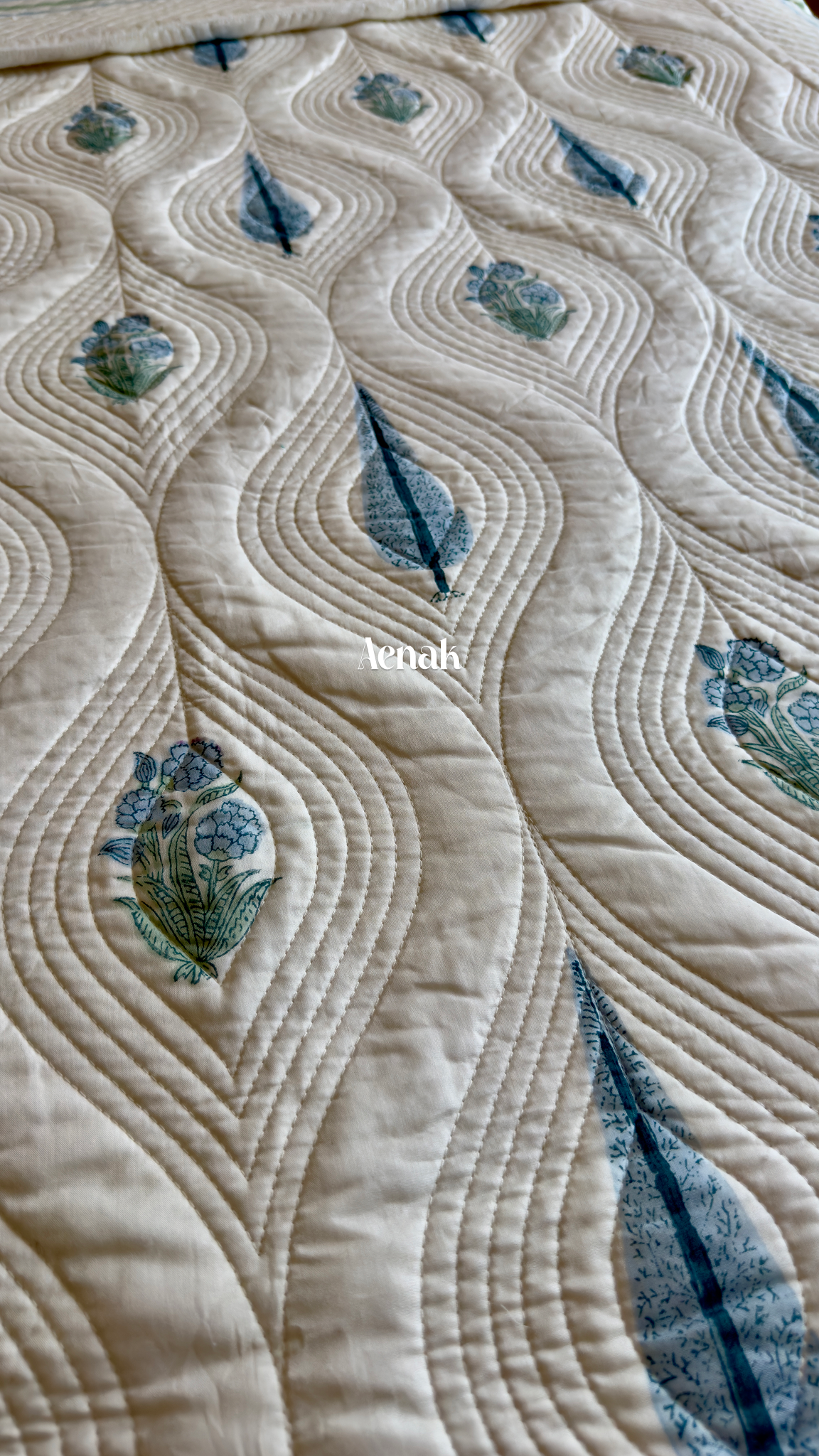 White Embossed Handblock Printed Quilted Bedcover