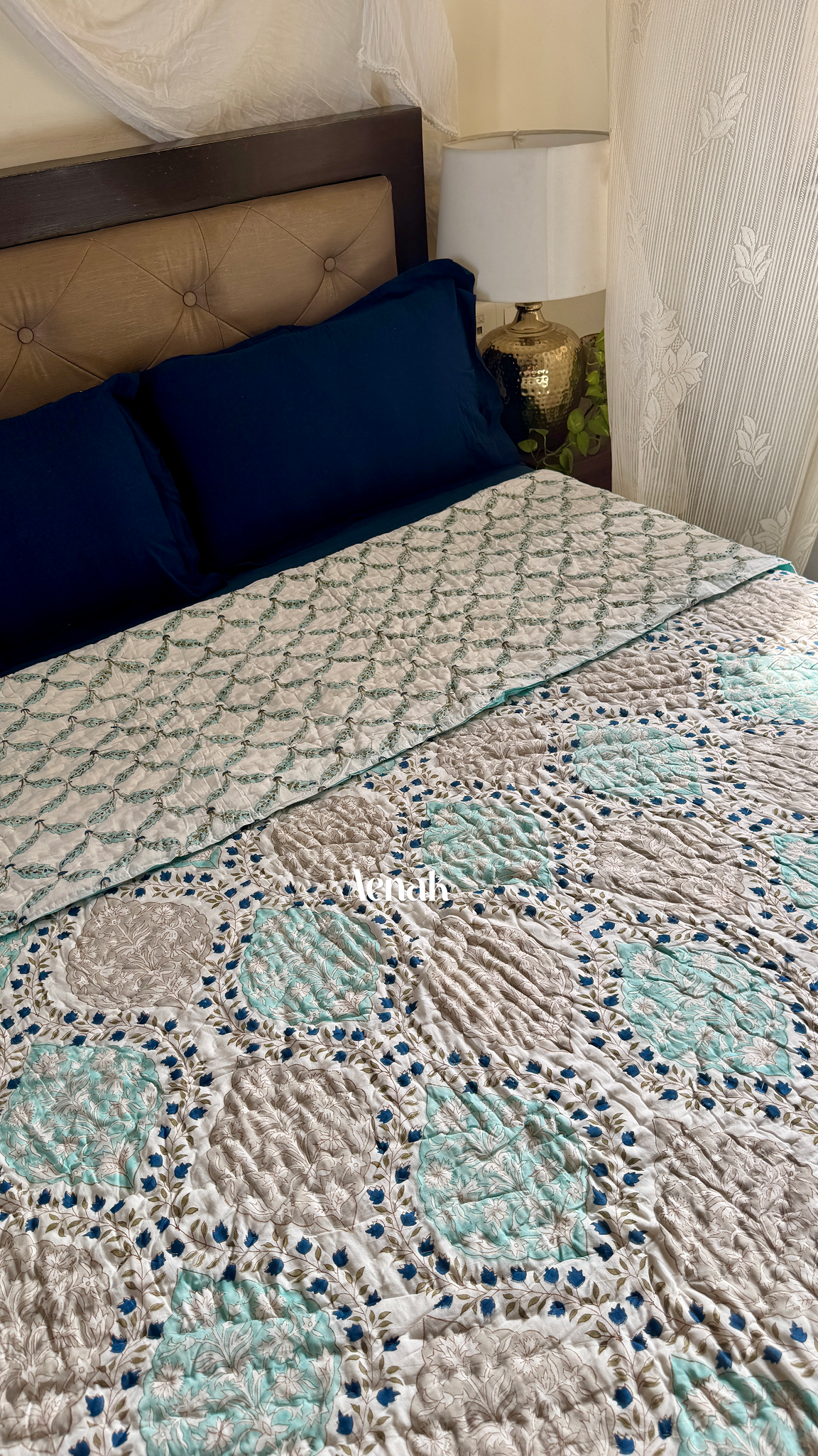 Blue Jaal Handblock Printed Reversible Mulmul Cotton Quilt